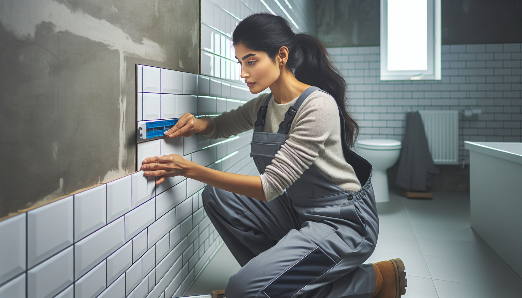 Tradesperson installing bathroom wall tiles during a renovation