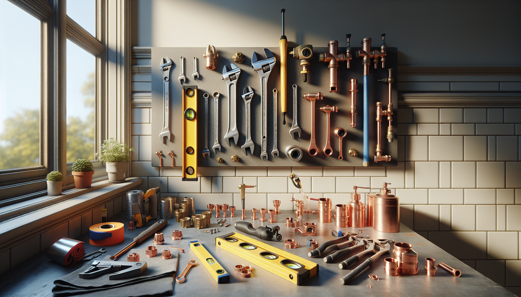 Professional bathroom fitting tools and equipment on a workbench