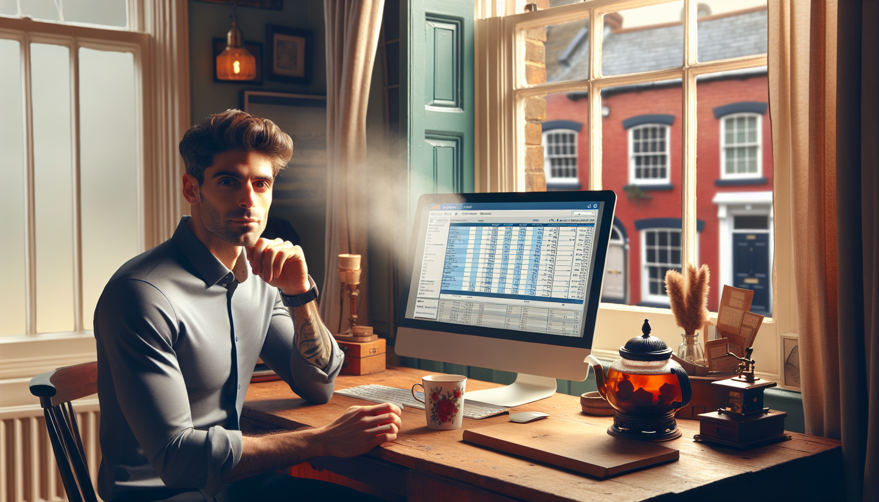 A UK small business owner in a home office setting, using accounting software on a computer.
