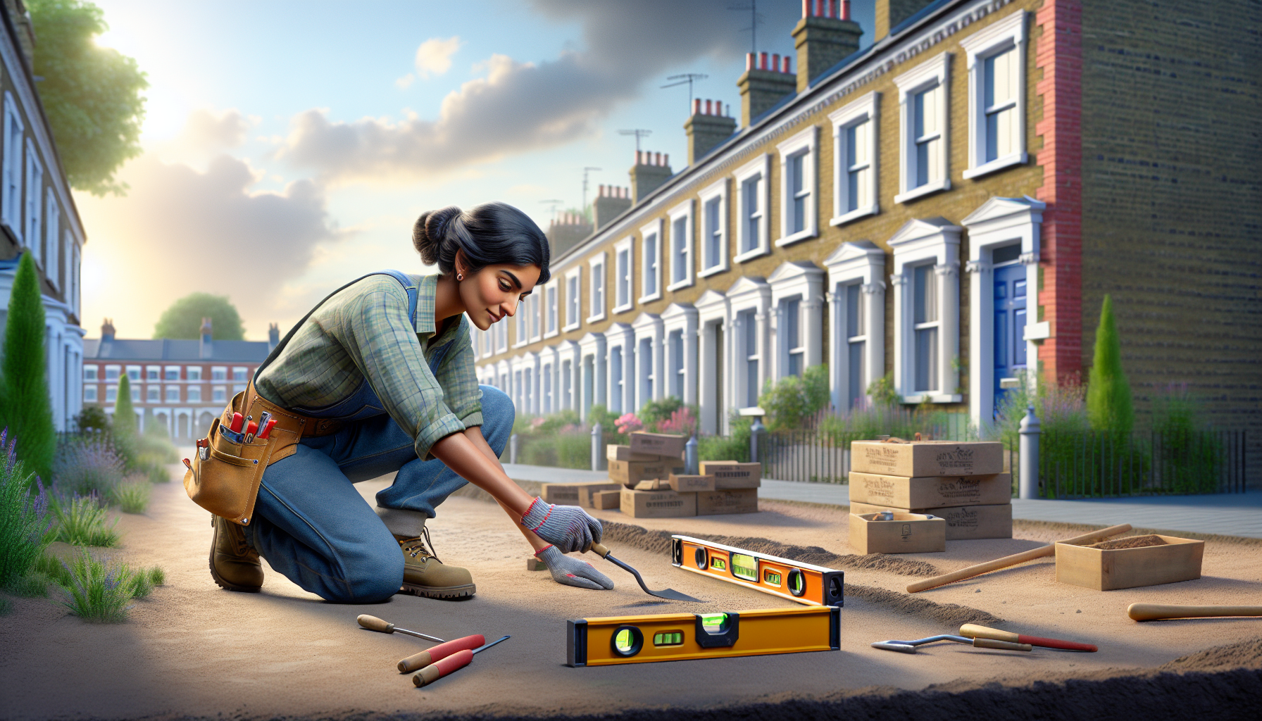 A UK tradesperson working on a construction site with a British terraced house in the background.