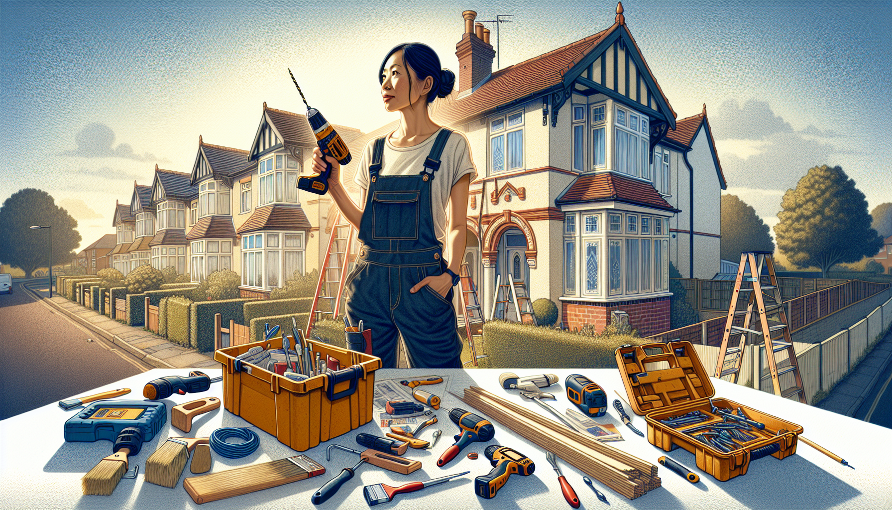 A tradesperson working on a home renovation in a UK suburb, with tools visible.