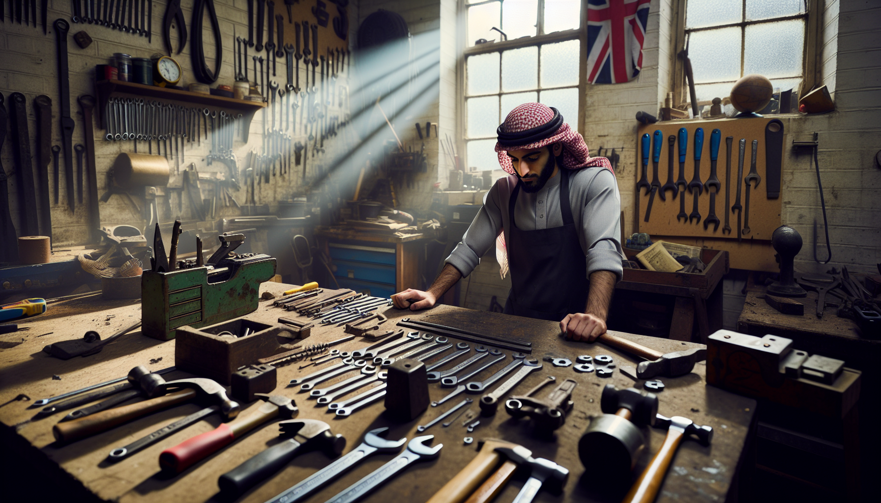 A UK tradesperson in a workshop with various tools around, illuminated by natural light.