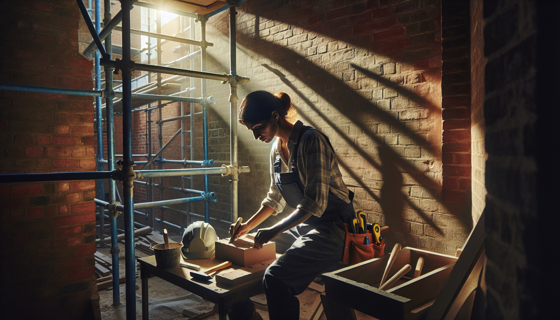 A UK tradesperson using tools on a construction site, illustrating public liability insurance.