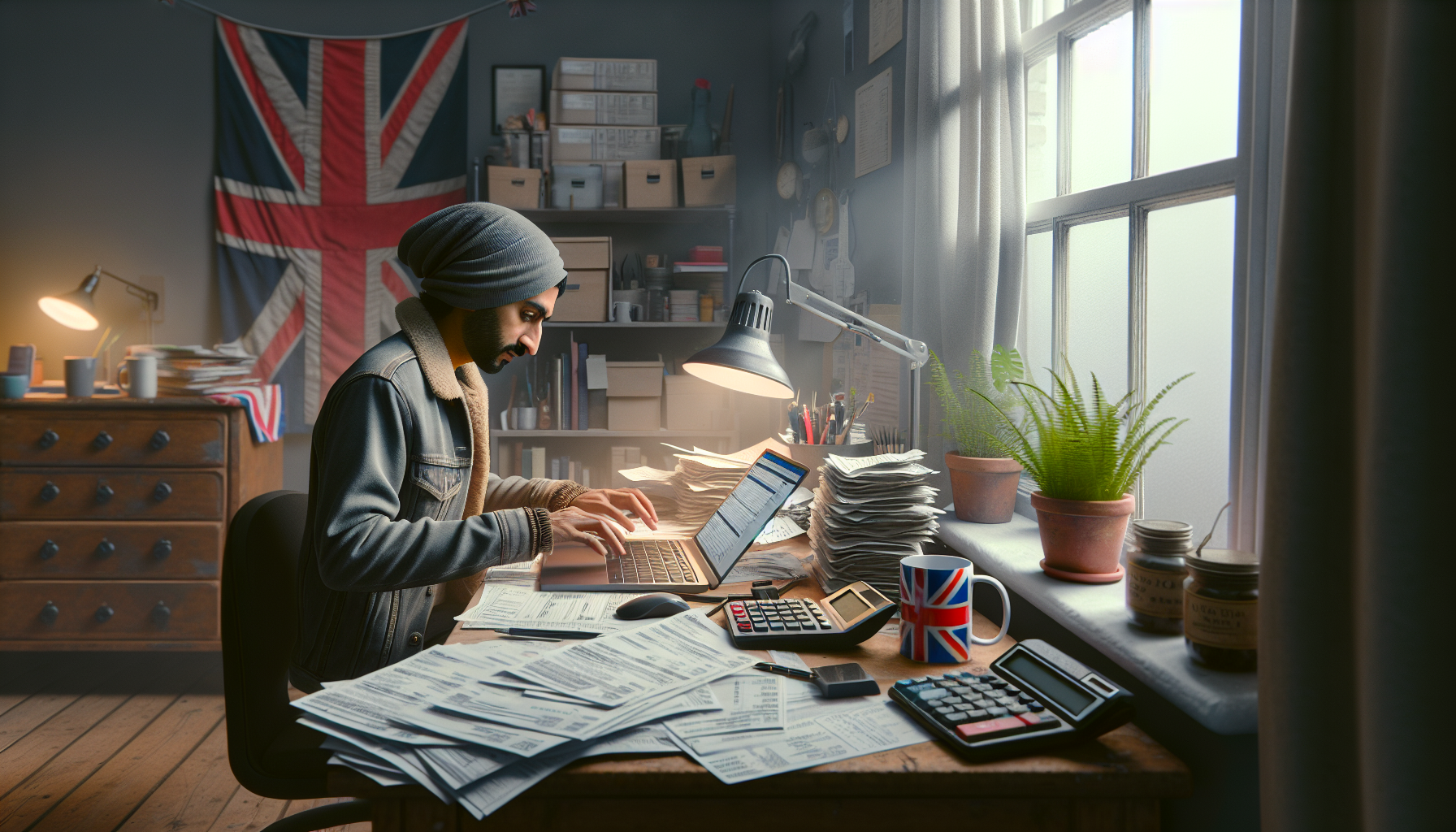 A tradesperson in a British home office working on a laptop, surrounded by receipts and British decor, focusing on tax filing.