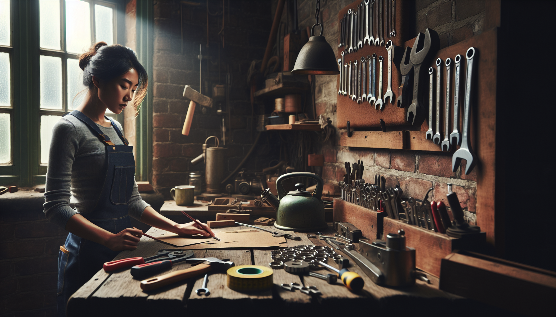A UK tradesperson organizing tools in a sunlit workshop, with a focus on tools relevant to the trades industry.