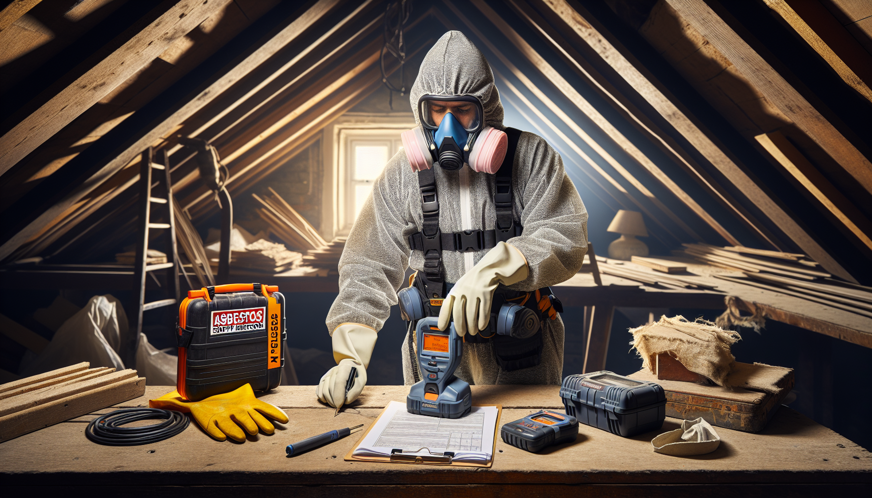 UK tradesperson in protective gear conducting an asbestos safety check in an attic of an older British home.