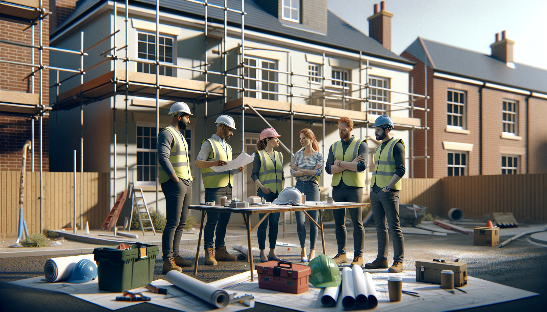 UK builders discussing plans at a construction site, with a partially built house and scaffolding in the background.