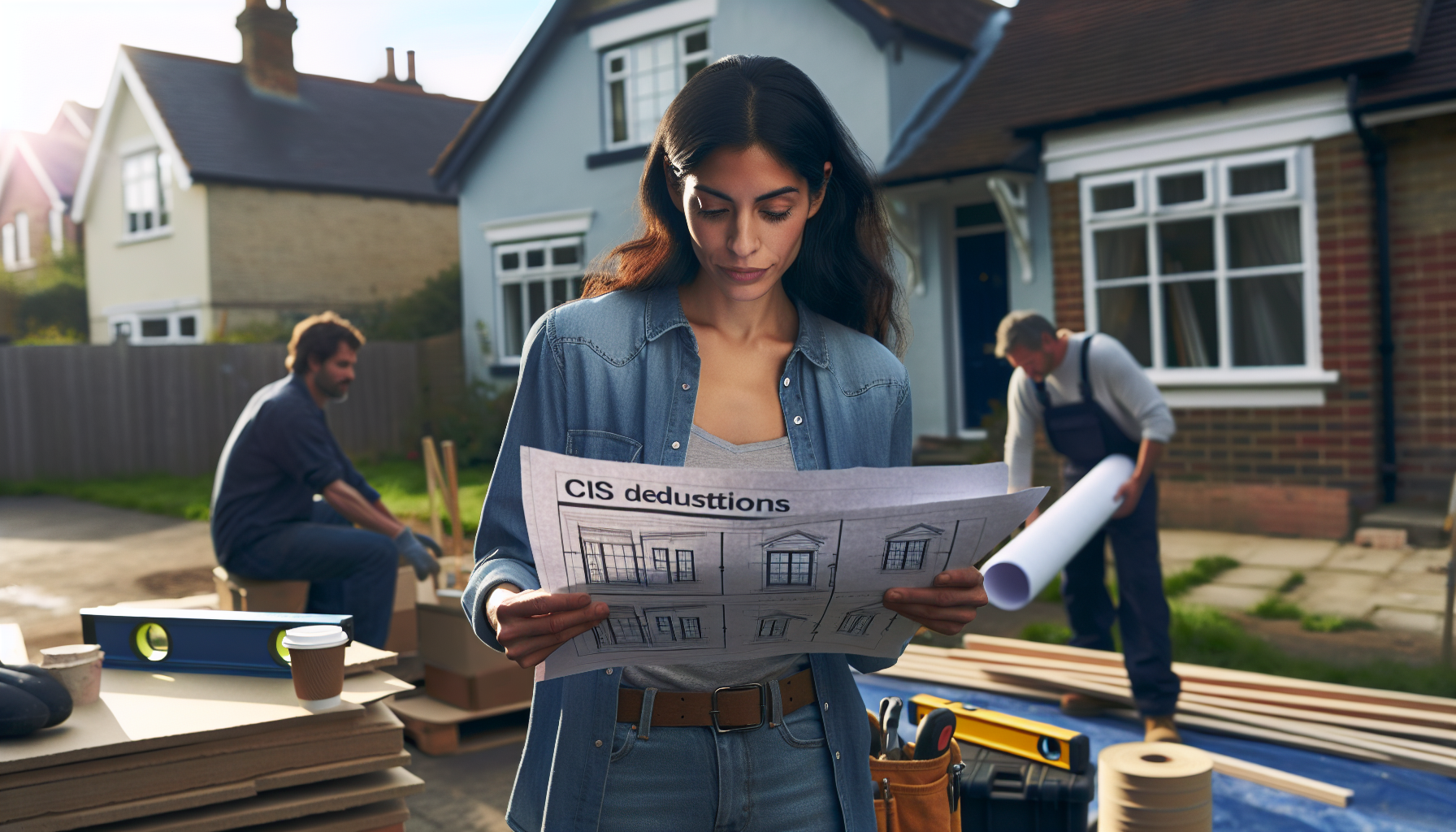 A contractor at a UK construction site reviewing building plans with a British home in the background.