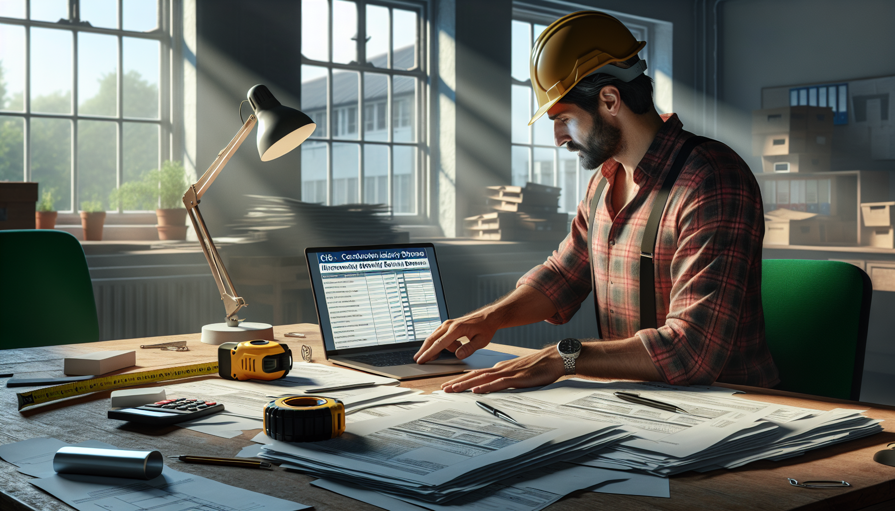 A UK tradesperson in an office setting reviewing CIS documents, with tools and a laptop on the desk.