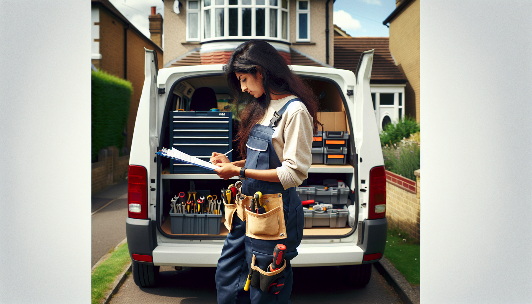 A tradesperson examining paperwork on a van in a UK suburb, illustrating vehicle cost claims.