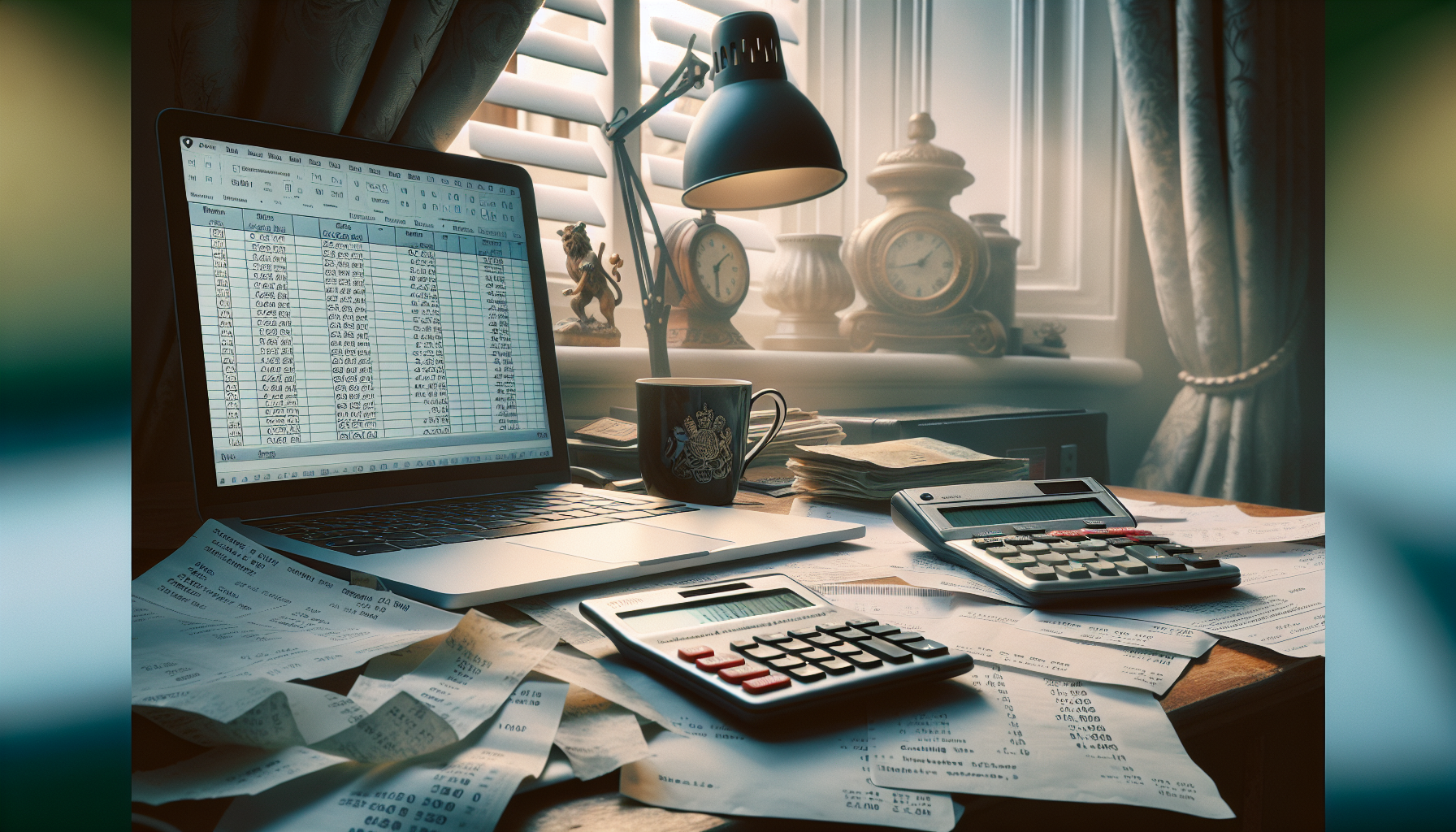 Close-up of a UK home office desk with a laptop, calculator, and receipts, showing VAT mileage calculation.