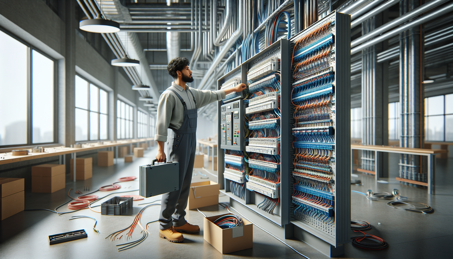 Electrician wiring a commercial three-phase distribution board