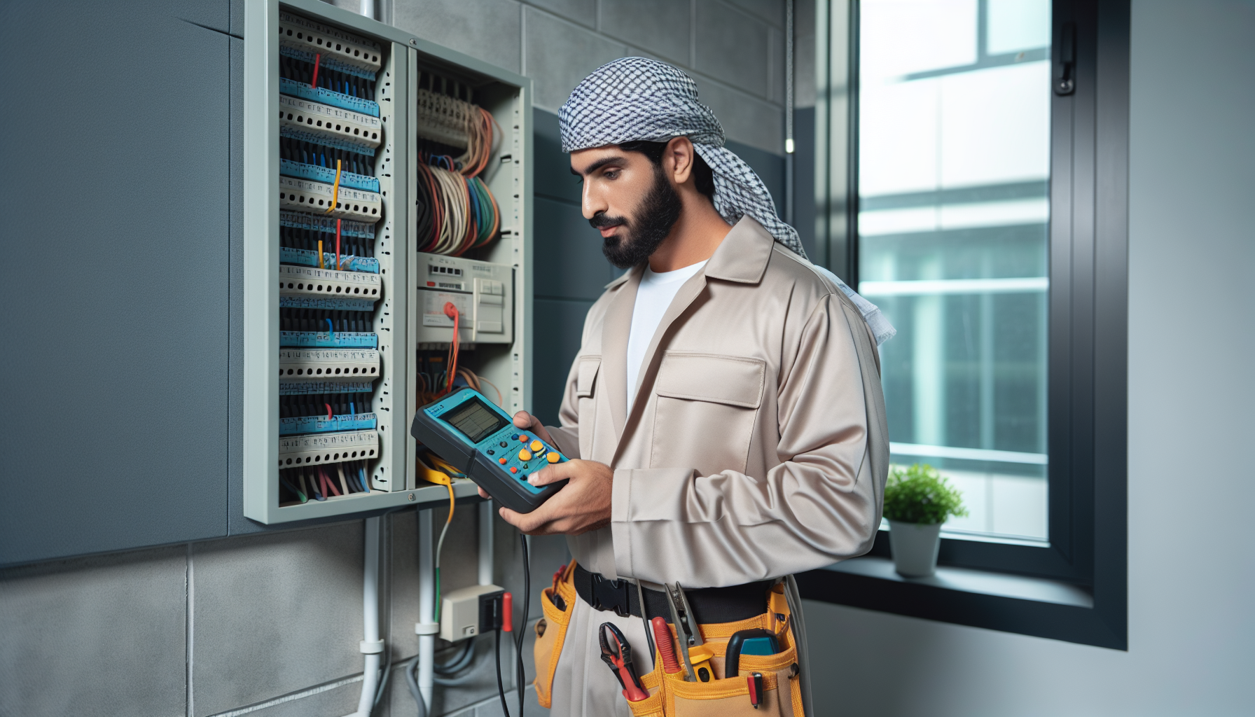 Electrician conducting EICR testing in commercial premises