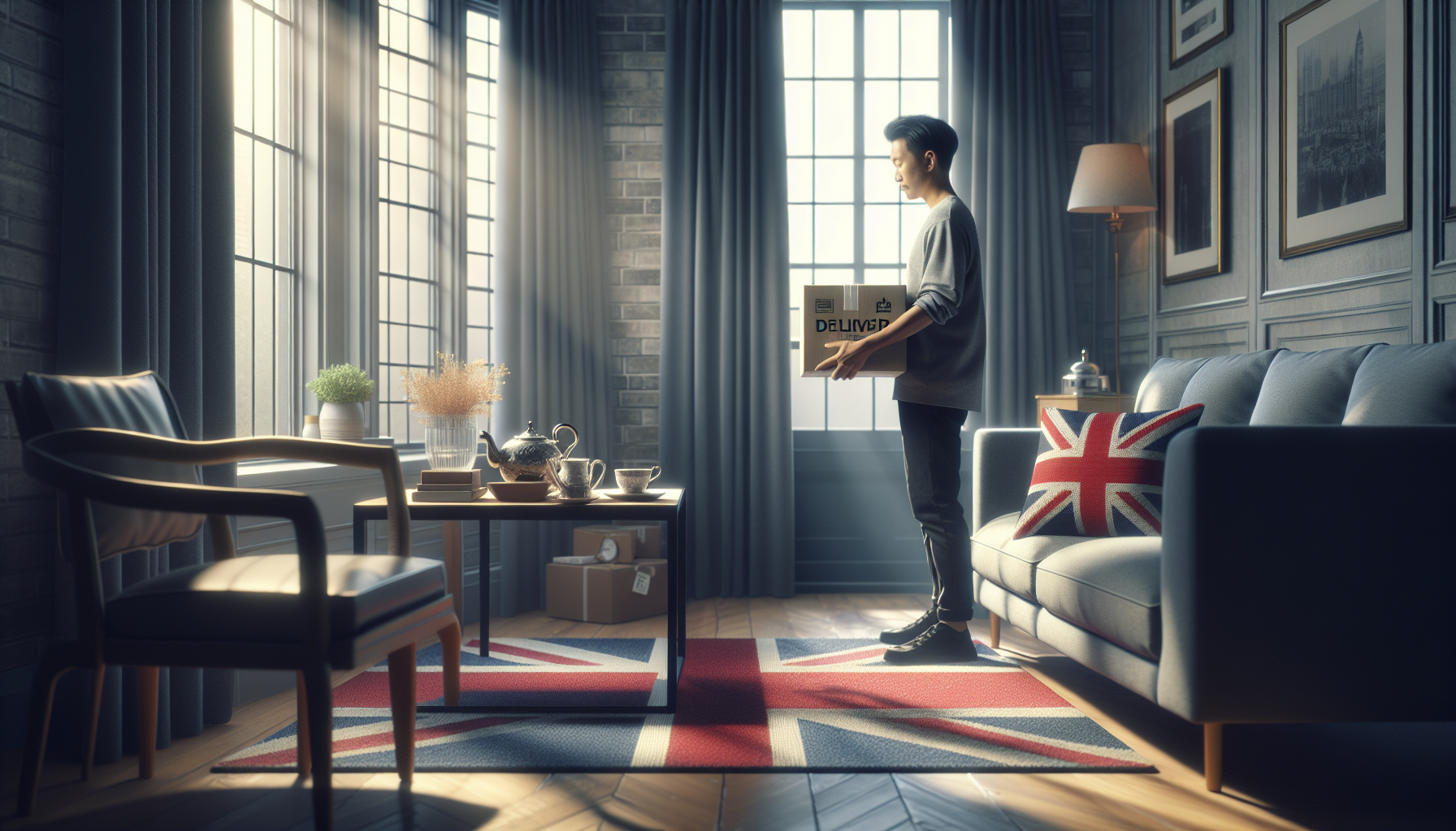A British homeowner in a UK living room receiving a package, illustrating the concept of refunds in a domestic setting.