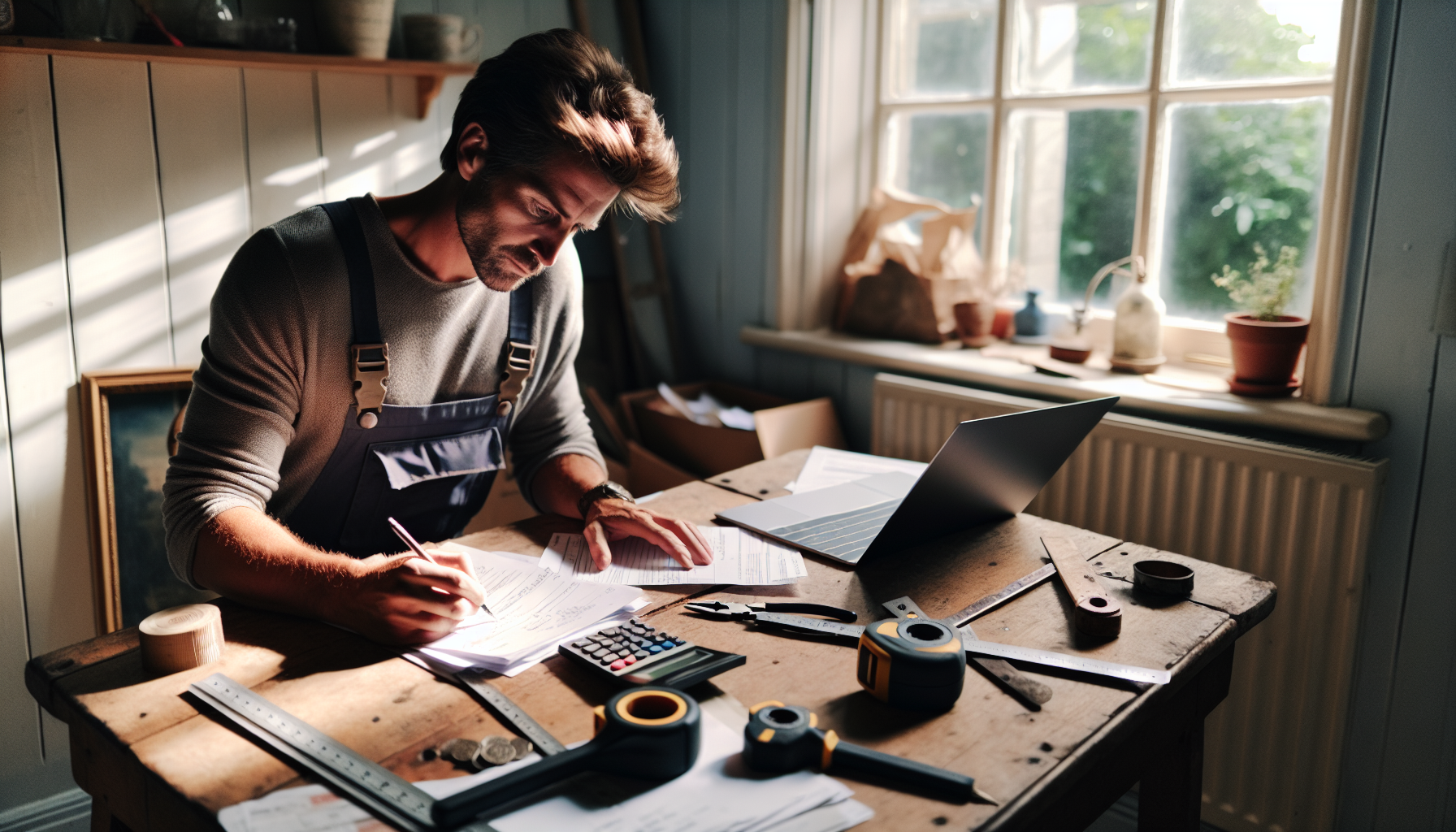 A UK tradesperson at a desk issuing a credit note with documents and tools like a measuring tape in view.
