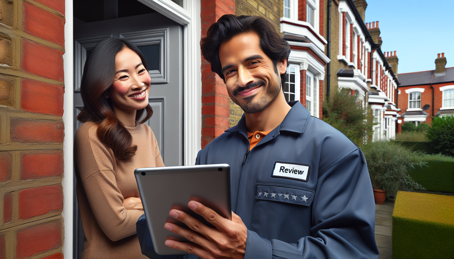 A tradesperson at a UK home's doorstep asking a homeowner for a review.