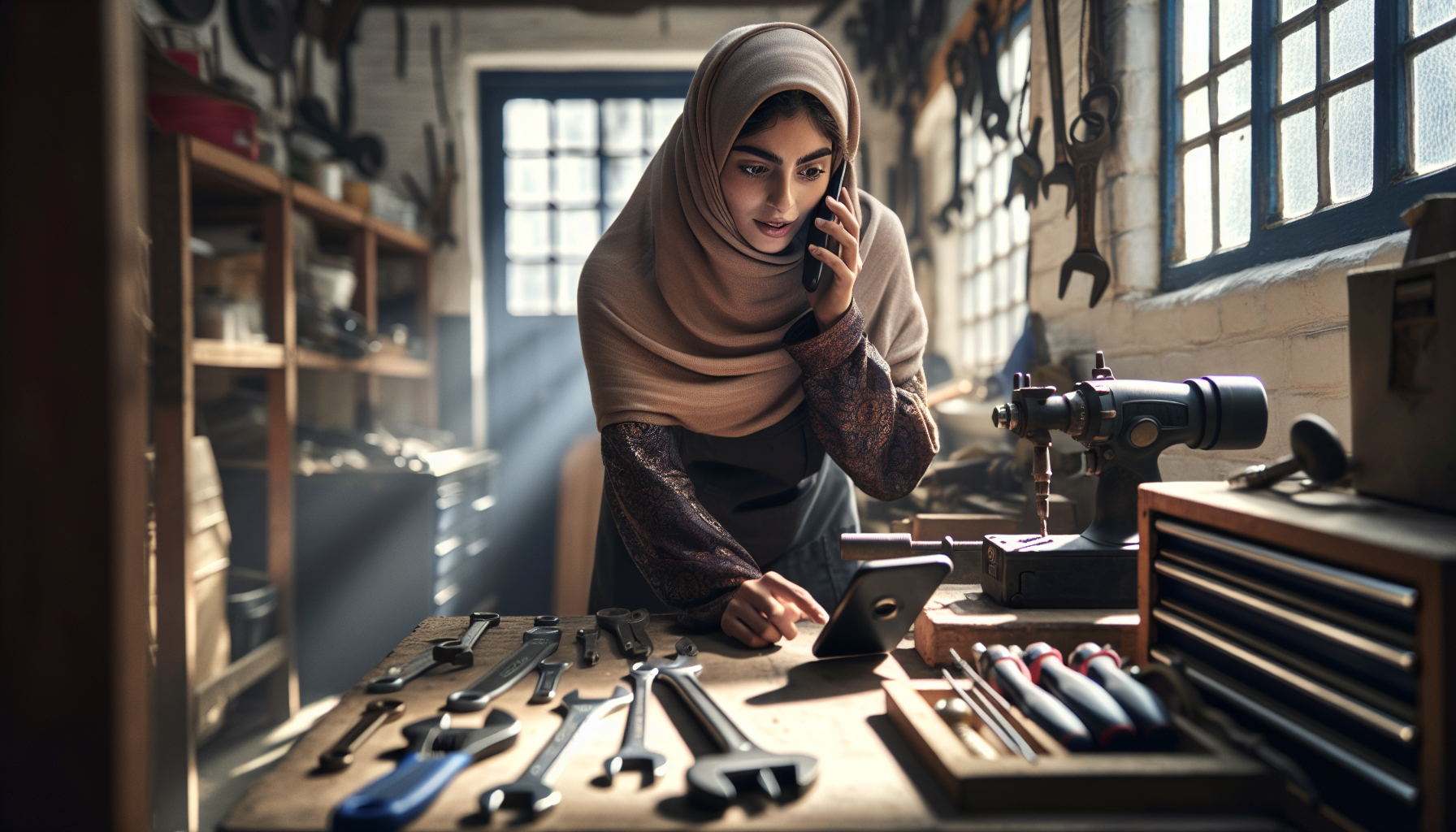 A tradesperson in a UK workshop answering a phone amidst various tools.