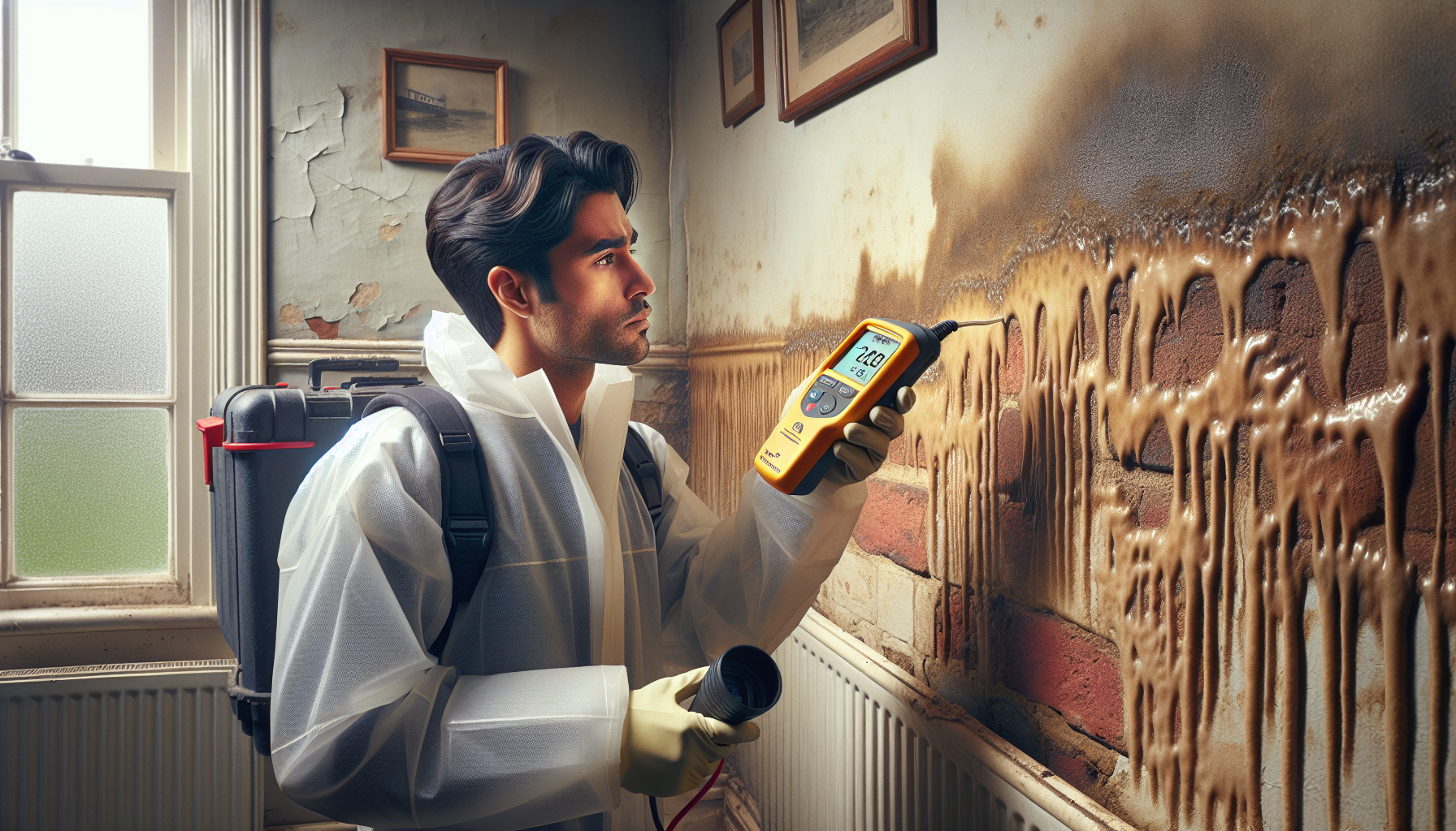 Damp surveyor testing moisture levels on an interior wall