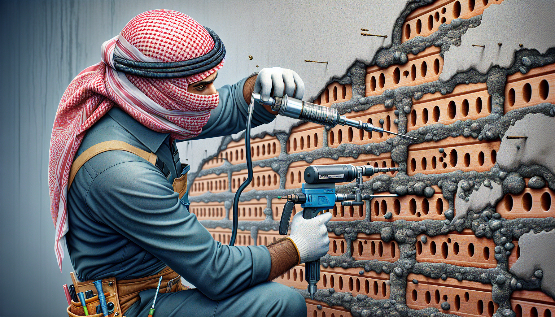 Specialist injecting chemical damp proof course into a brick wall