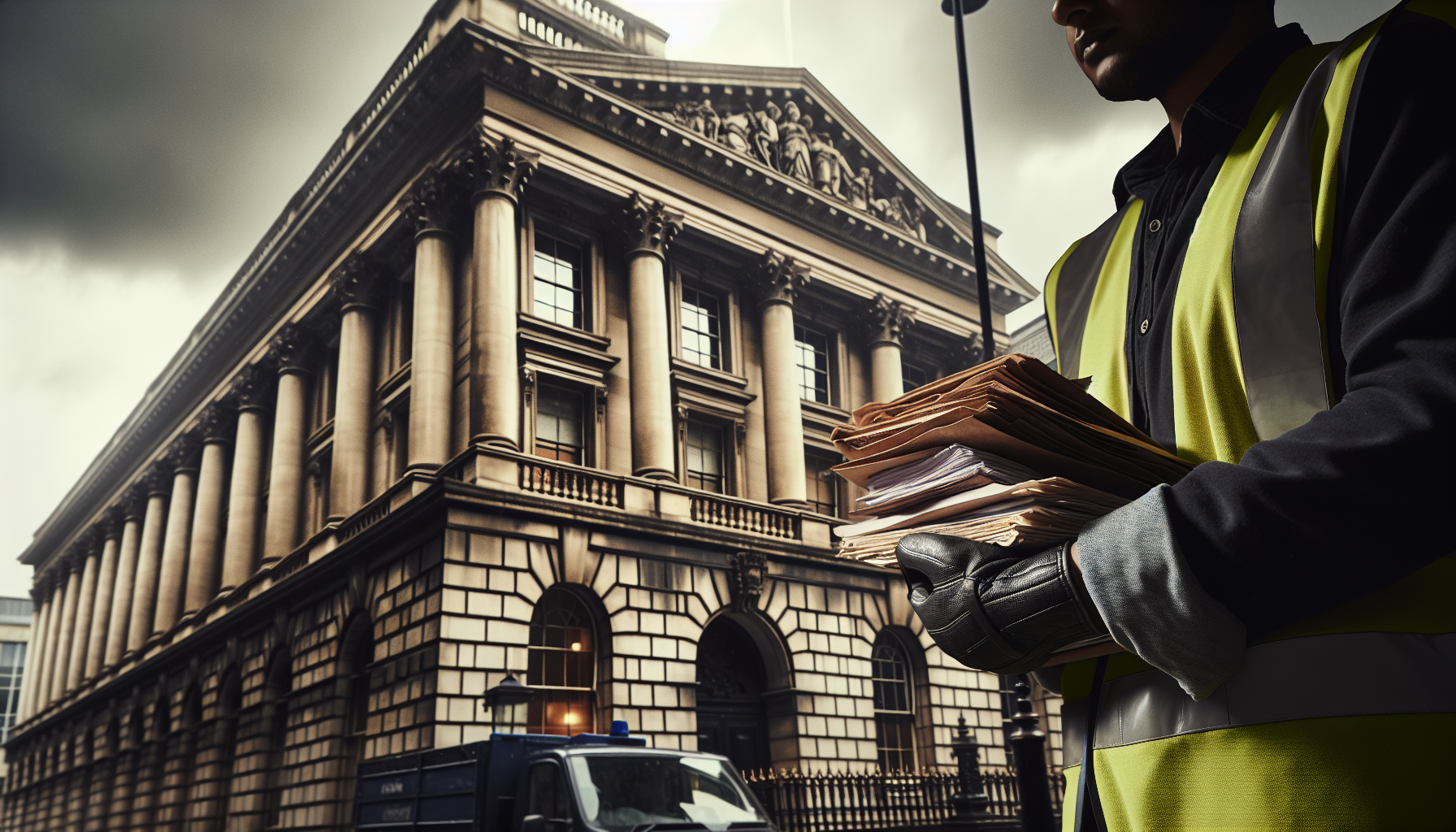 A UK tradesperson in a high-visibility jacket stands near a courthouse holding legal documents, highlighting the enforcement process.