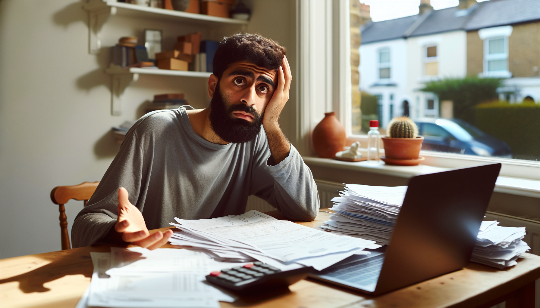 A UK tradesperson looking concerned at their desk filled with invoices and a laptop, in a home office with a view of a British street.