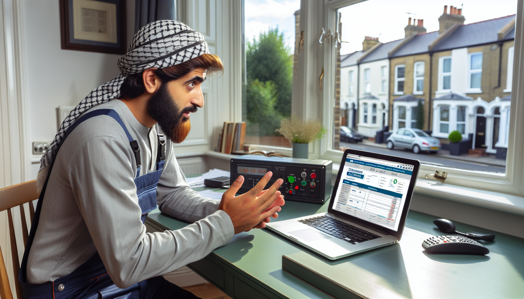 A tradesperson in a UK home office using software to calculate EICR pricing, with British street view visible through the window.