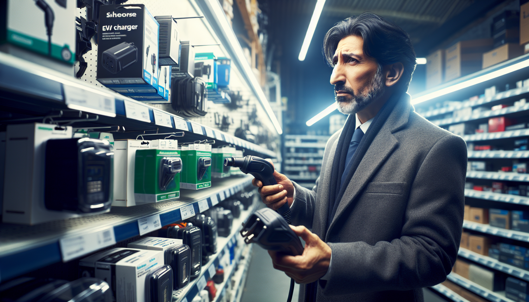 A tradesperson in a UK hardware store evaluating different EV charger brands, reflecting the decision-making process in selecting the best products for installation.