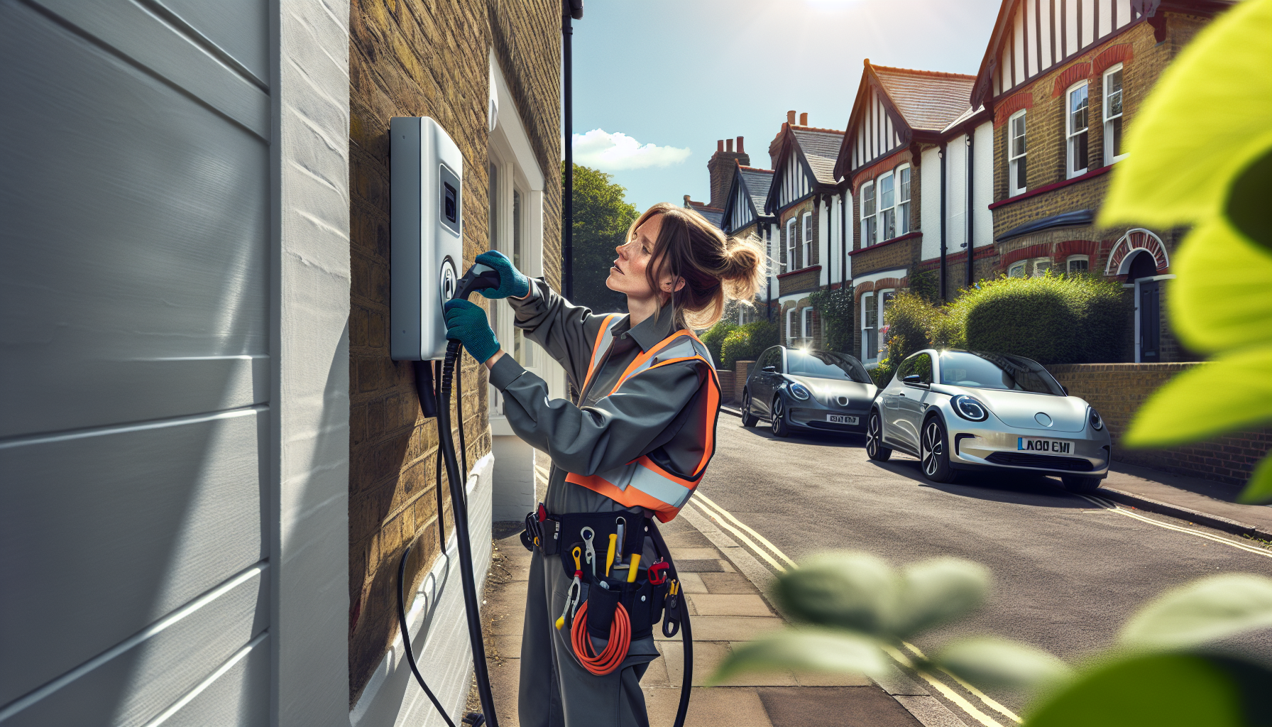 An electrician in a UK suburban street installing an EV charging point, showcasing the opportunity for tradespeople in the growing EV market.