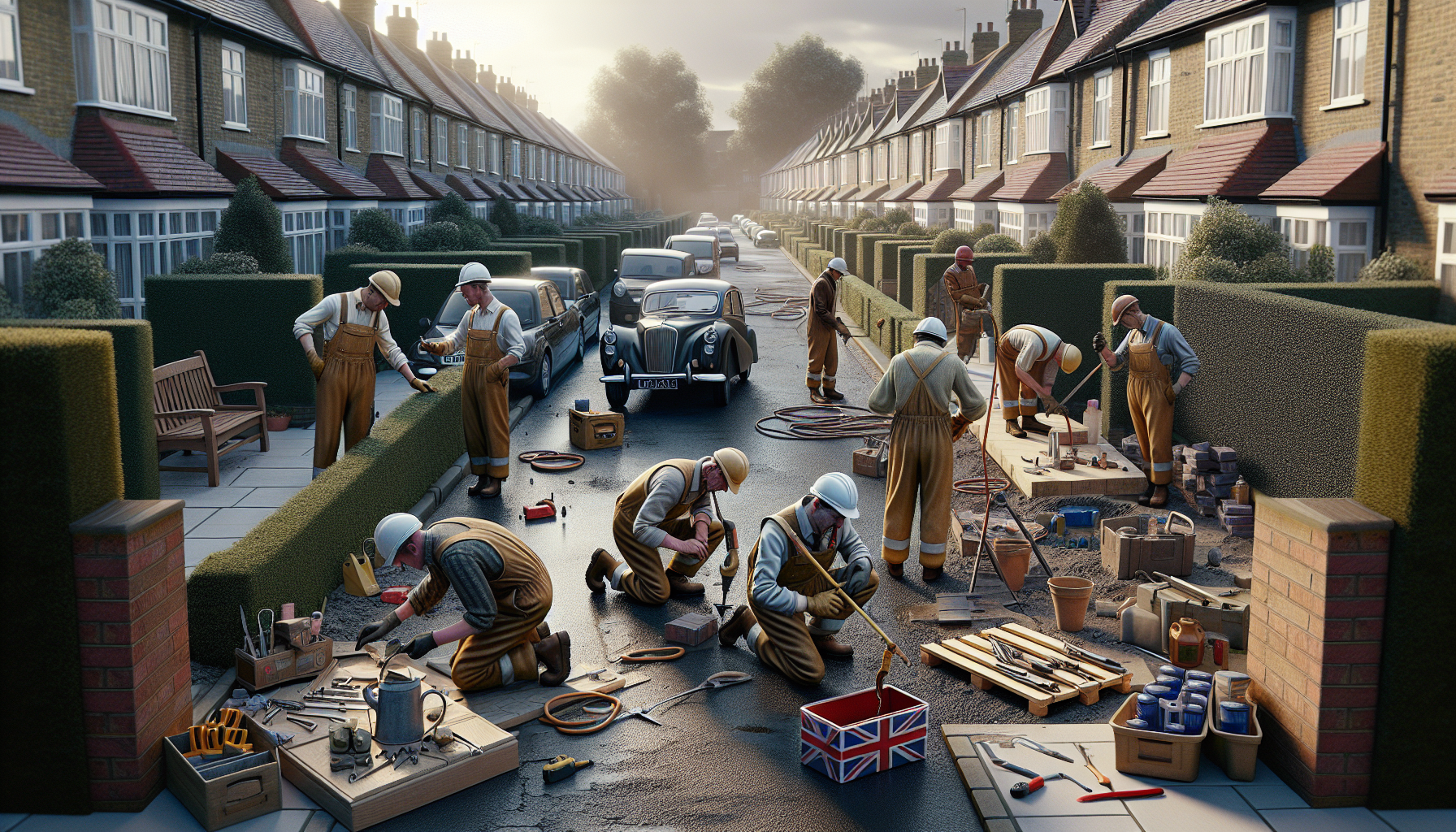 A UK construction site with workers and British-made tools, set on a typical British residential street.
