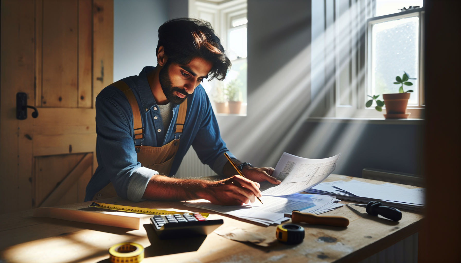 A tradesperson in a home office setting reviewing tax documents, with tools like a tape measure and calculator on the desk.