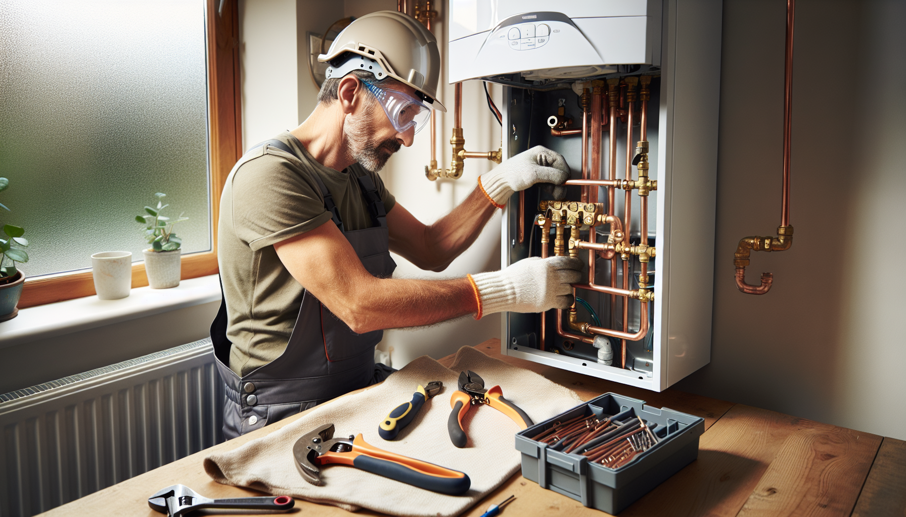 Gas engineer installing a combi boiler in a UK home