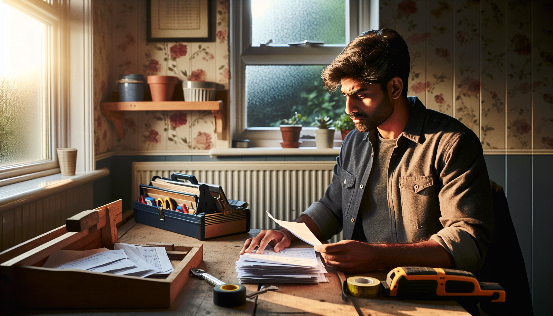 A tradesperson reviewing invoices at a desk in a British home office, with tools and natural lighting.