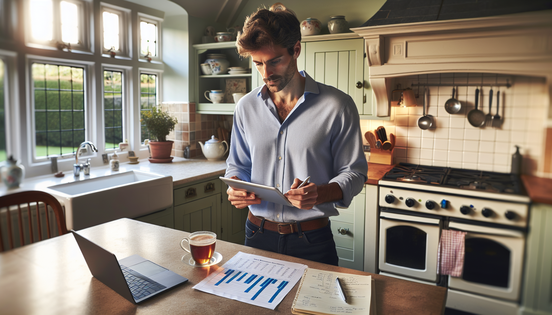 A tradesperson in a British kitchen reviewing a cash flow forecast on a tablet, surrounded by typical UK kitchen elements.