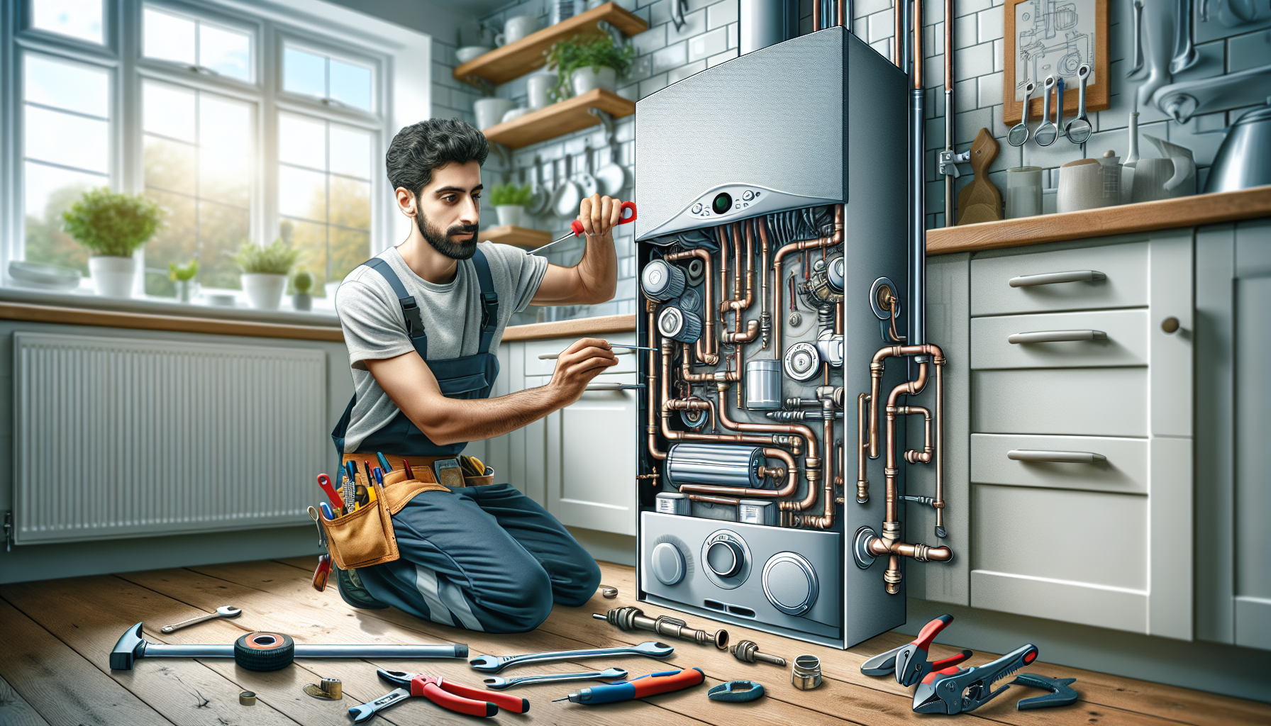 A tradesperson installing an eco-friendly boiler in a British home kitchen.