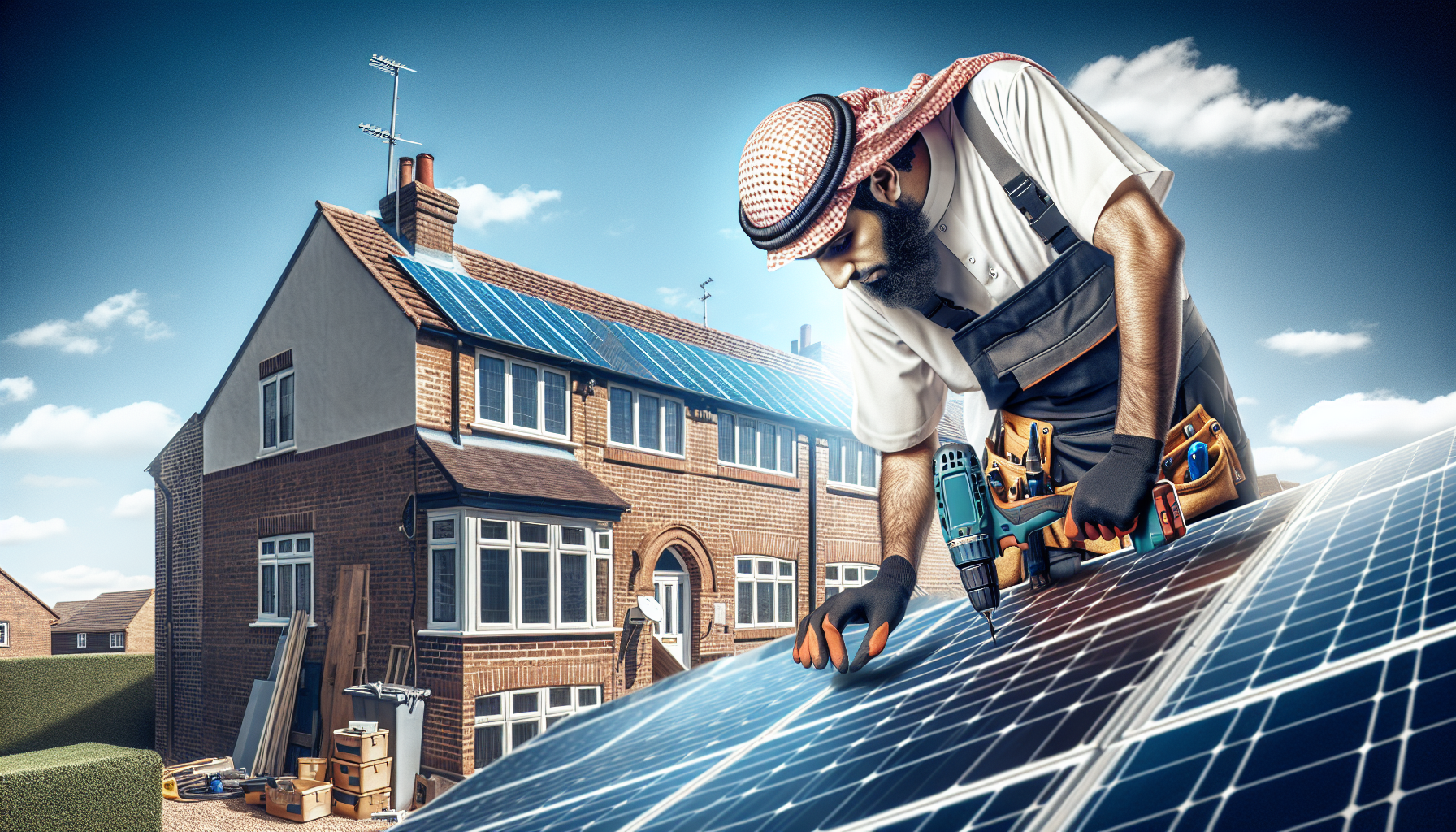 A tradesperson installing solar panels on a British house roof on a sunny day.