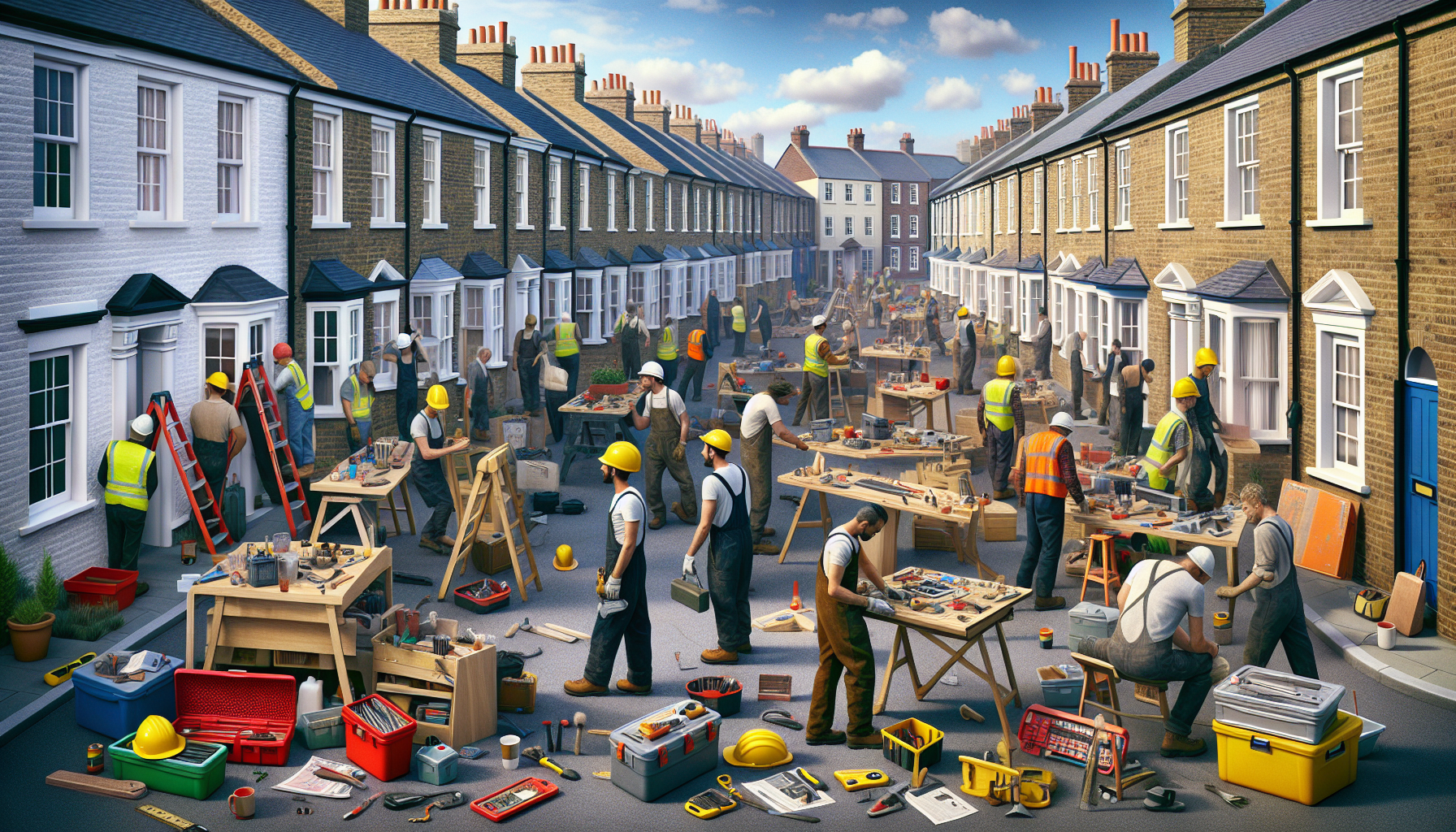 Workers on a UK construction site managing tasks, with a focus on tools and equipment that aid in improving cash flow.