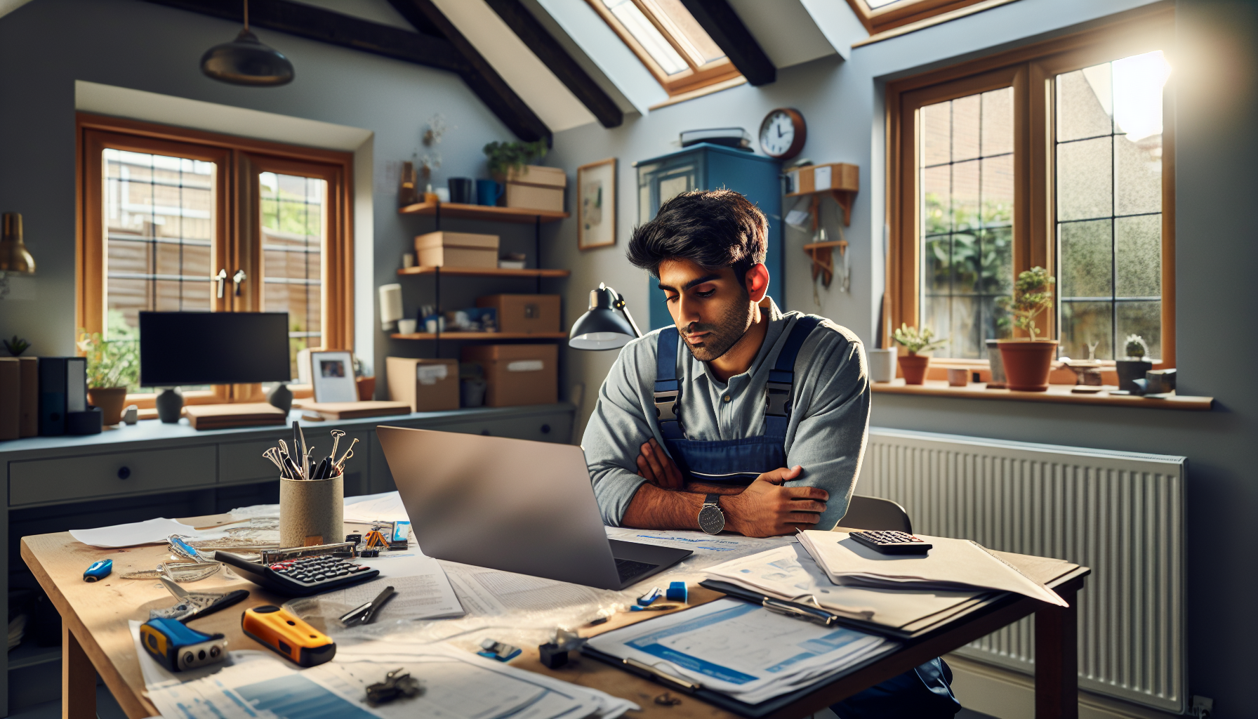 A UK tradesperson reviewing financial documents in a home office environment, emphasizing focus and detail.