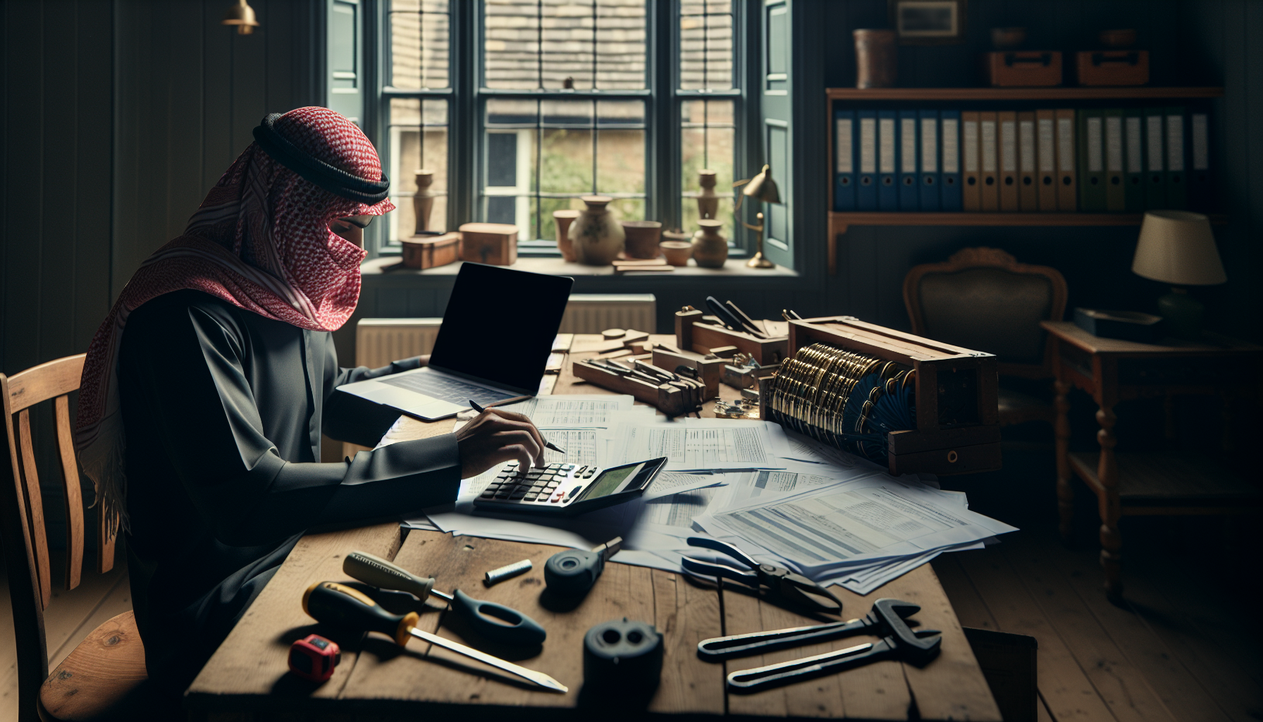A UK tradesperson calculating costs related to hiring an apprentice, seated at a desk in a British home