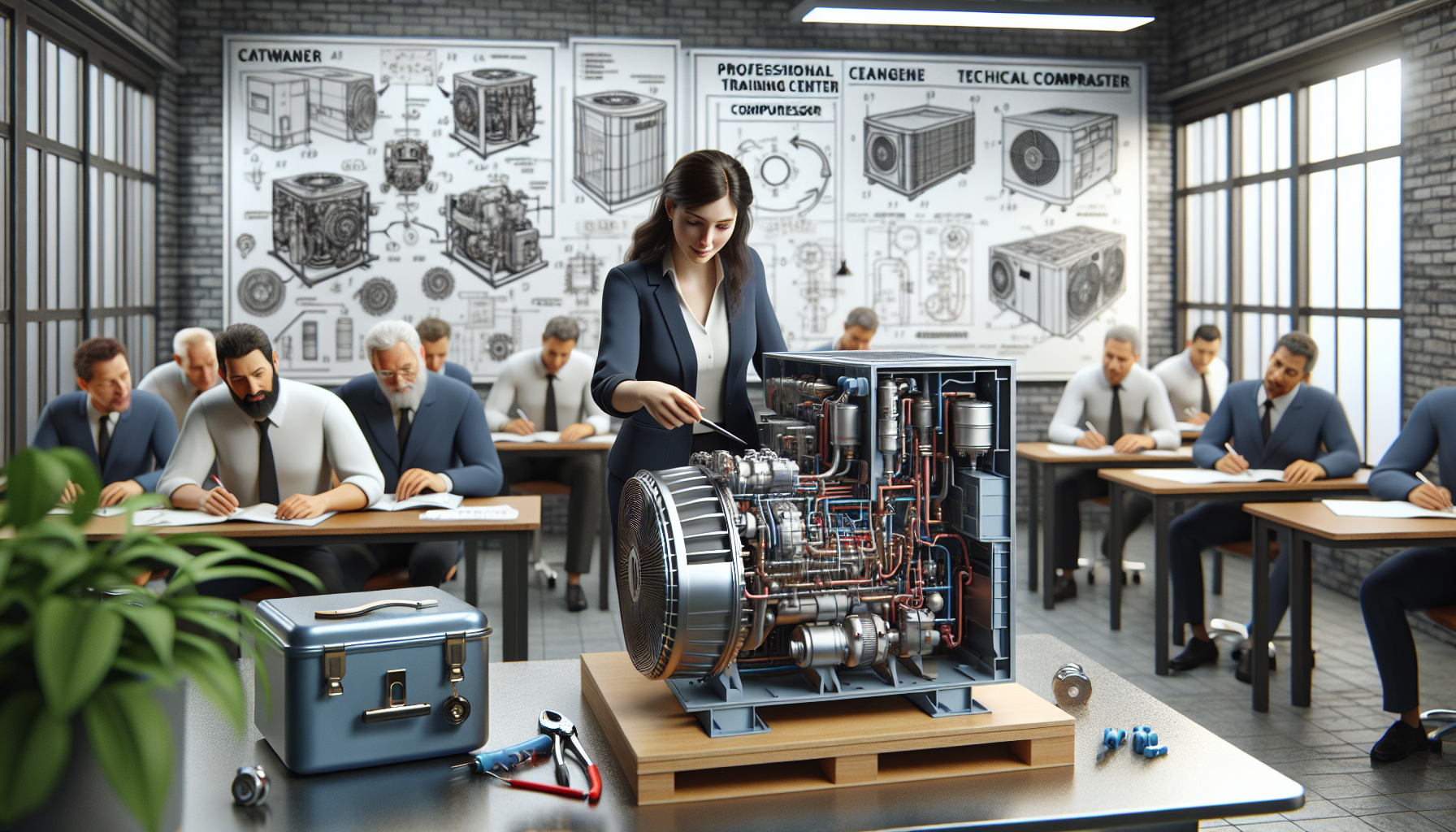 Heat pump installation training course with engineers examining equipment