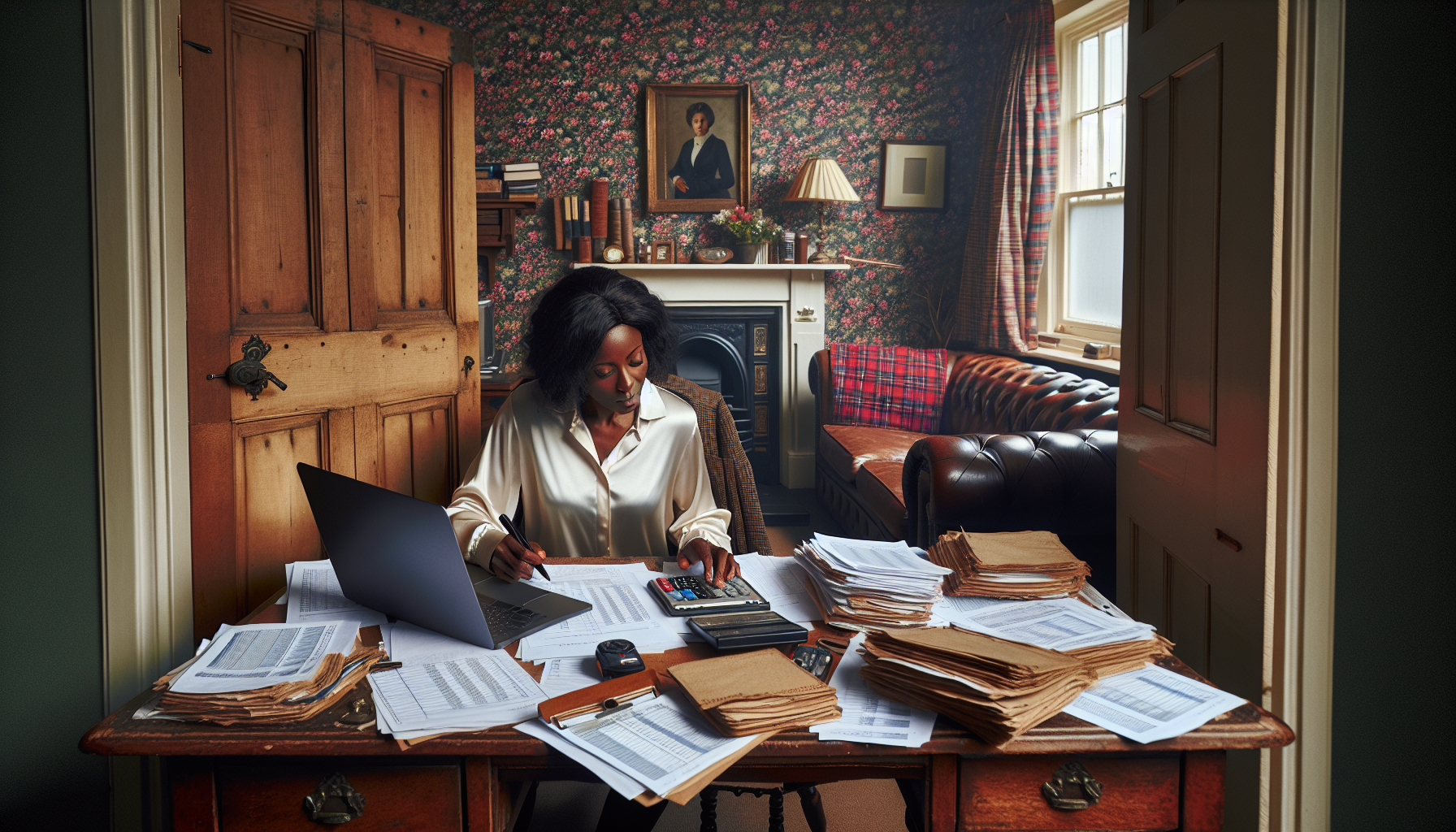 A tradesperson in a UK home office calculating the expenses of hiring an employee, surrounded by financial documents and a laptop.