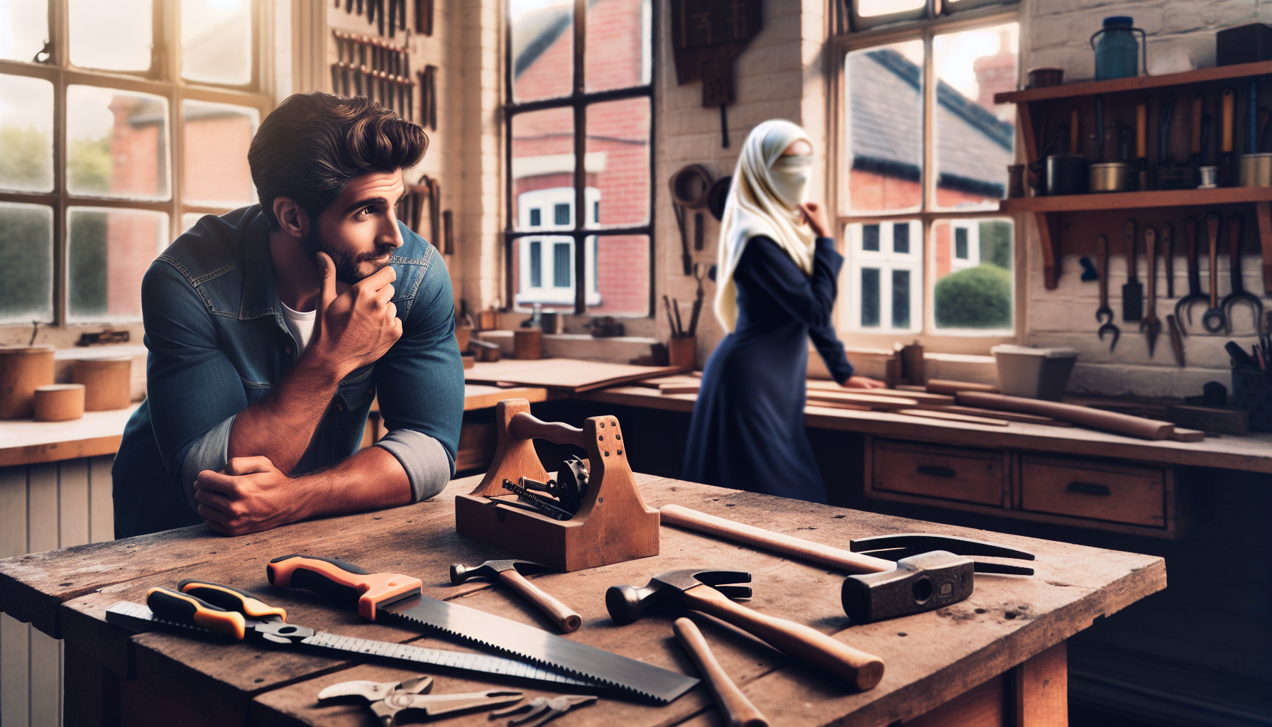 A UK tradesperson in a workshop, contemplating the decision to hire an employee, with tools on a workbench.
