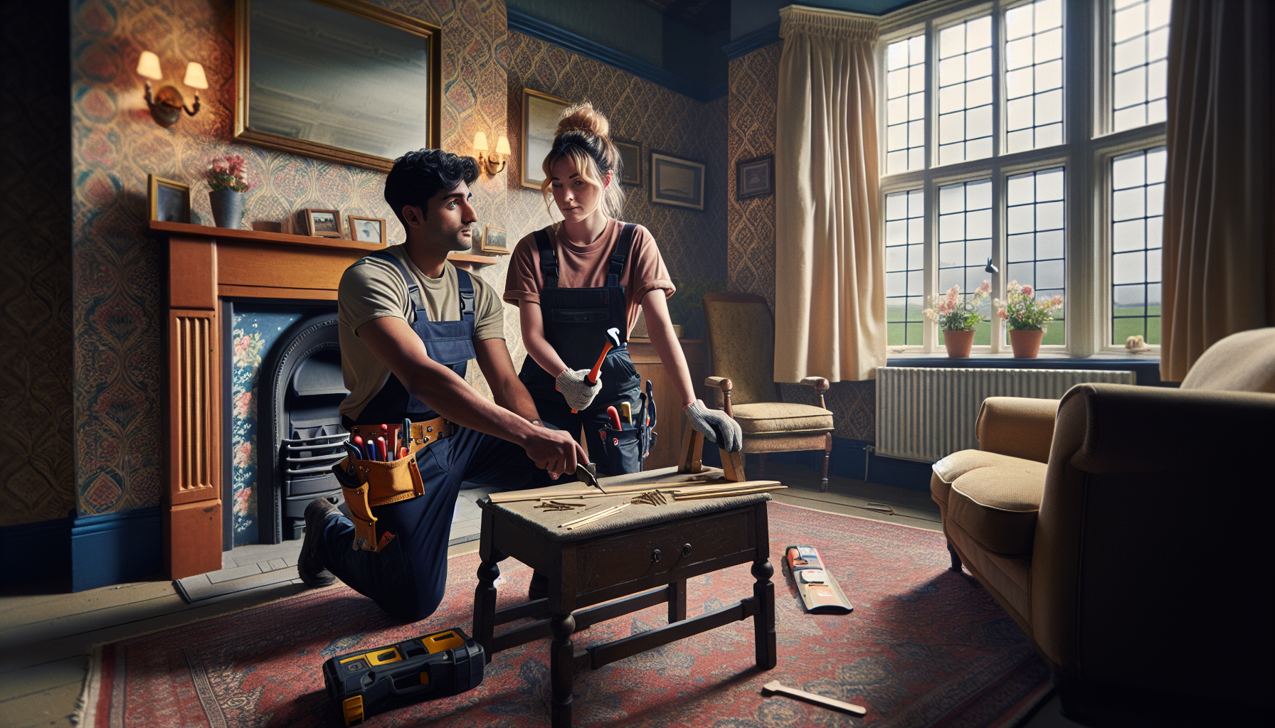 A tradesperson and apprentice collaborating on a repair in a British living room, surrounded by traditional décor.