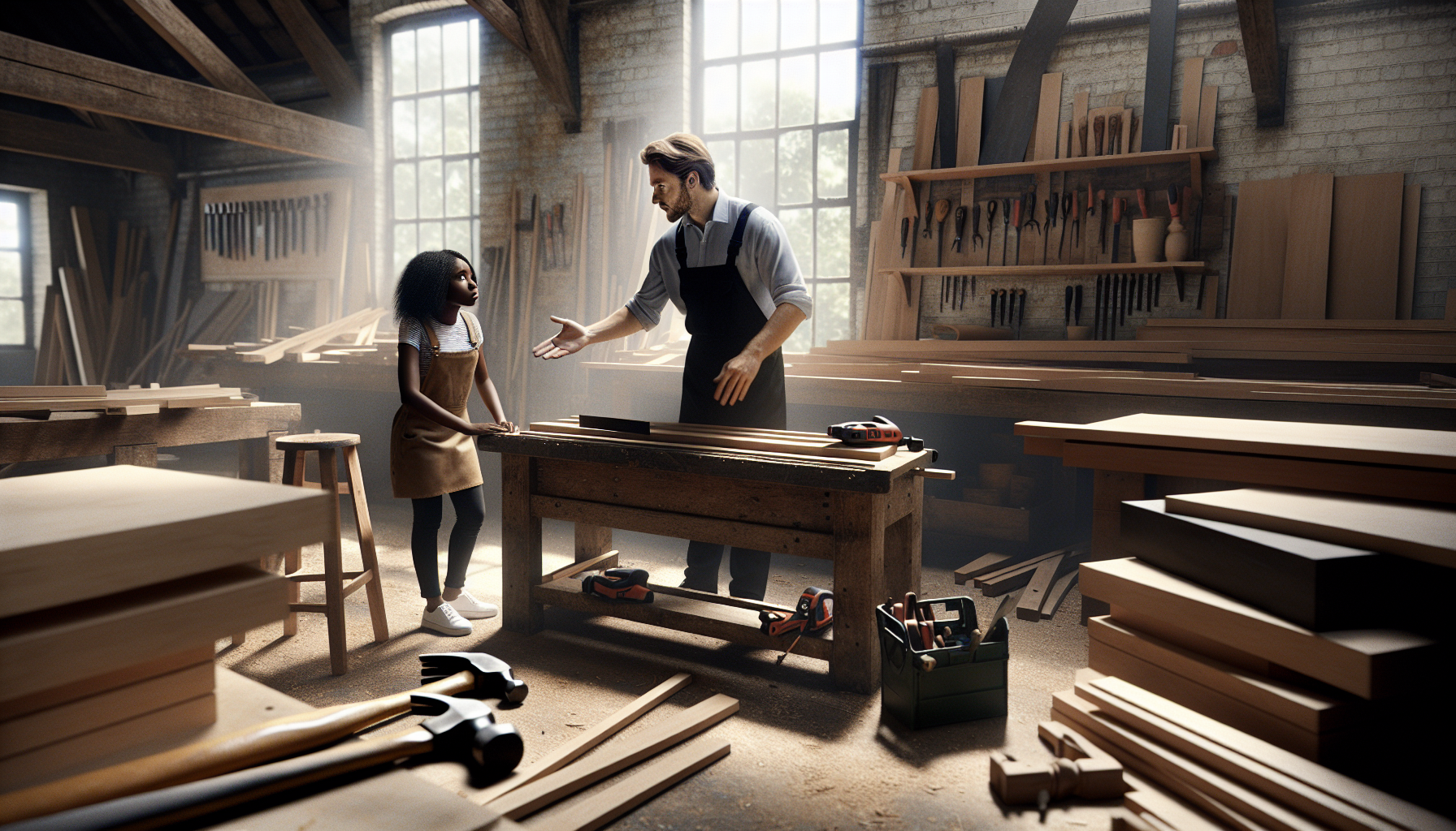 A UK tradesperson guiding an apprentice in a workshop filled with tools and workbenches.