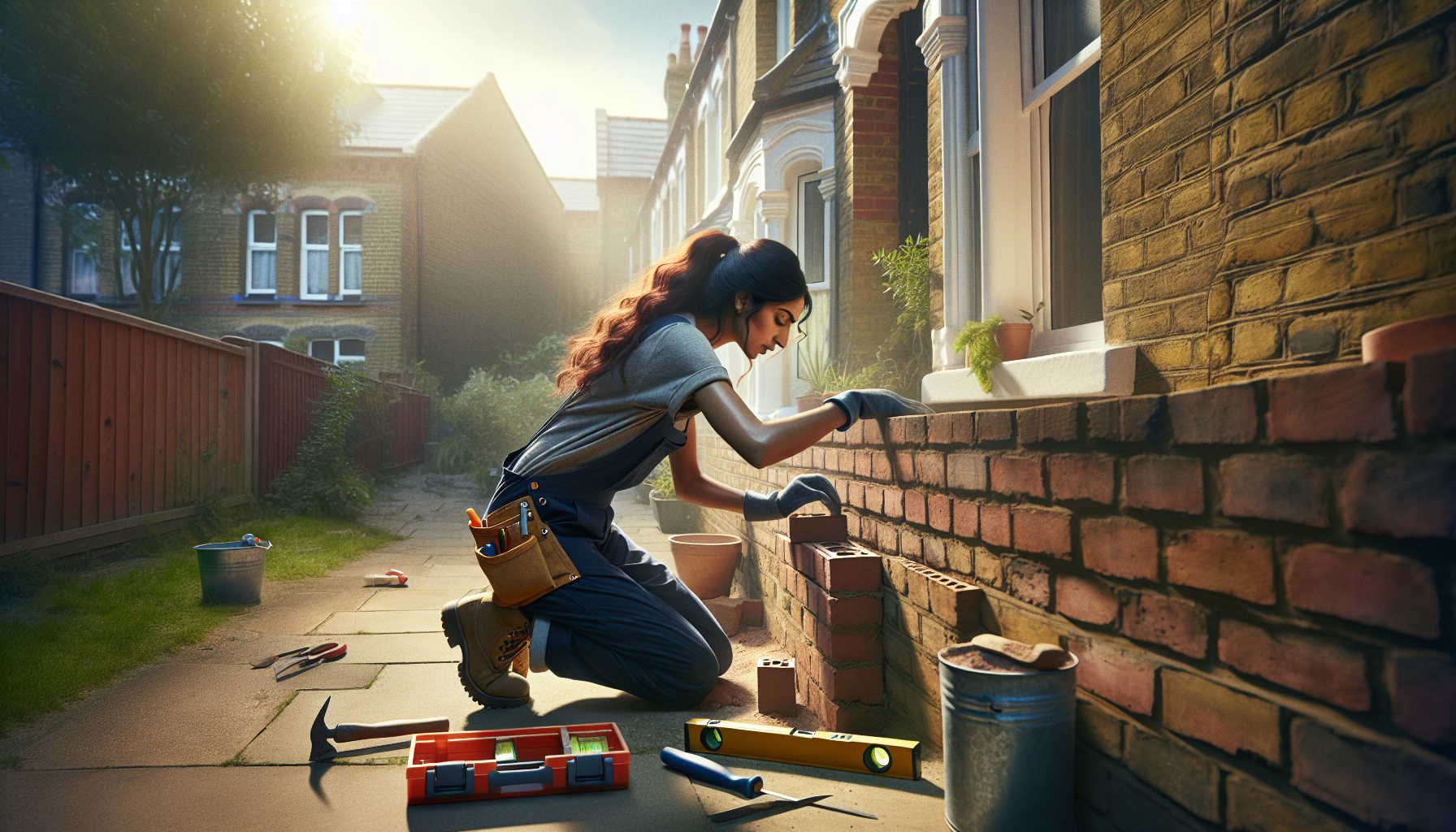 A UK tradesperson working on a brick wall outside a British terraced house.