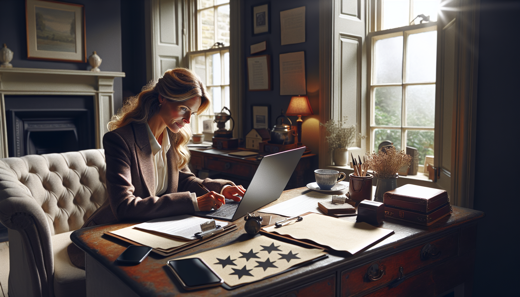 Tradesperson in a British home office, responding to reviews on a laptop.