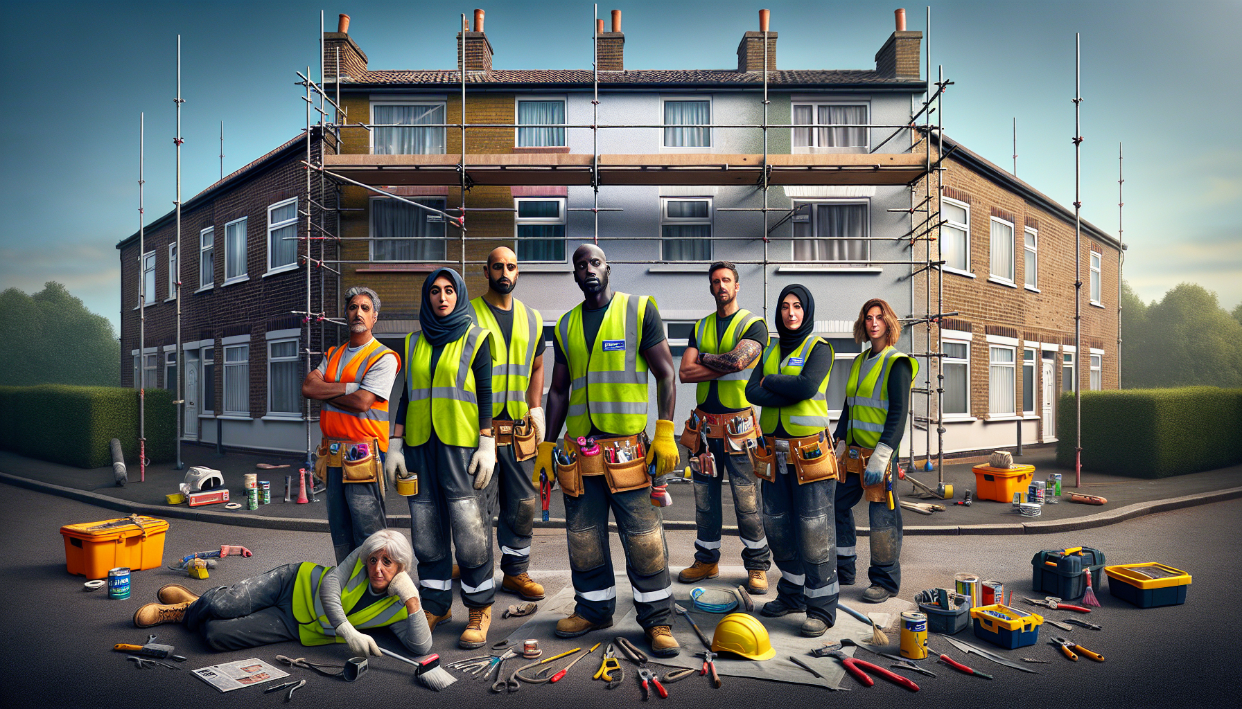 Tradespeople working on a council housing renovation project