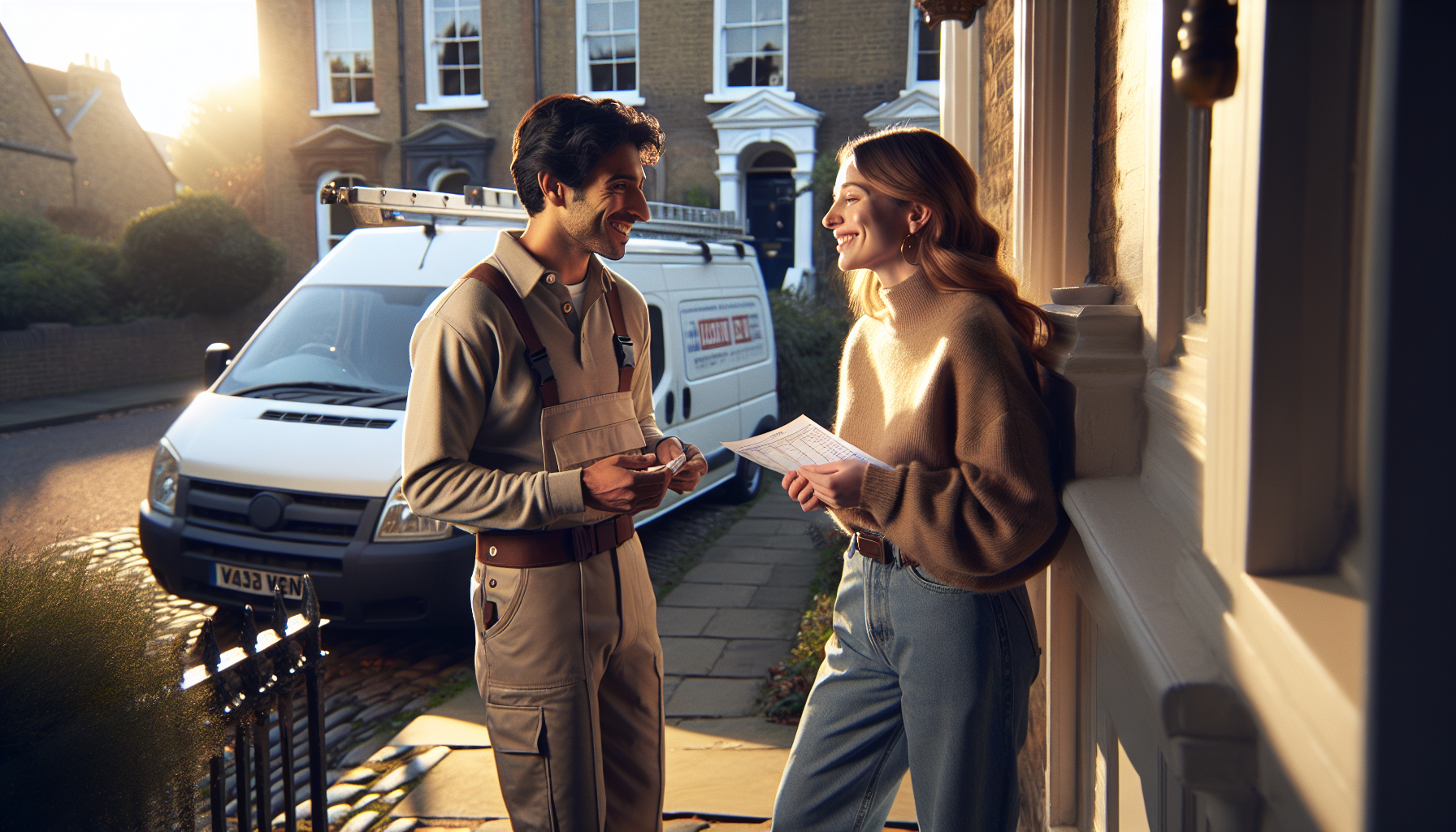 A UK plumber following up with a client at a Victorian-style home, with a white van in the background.