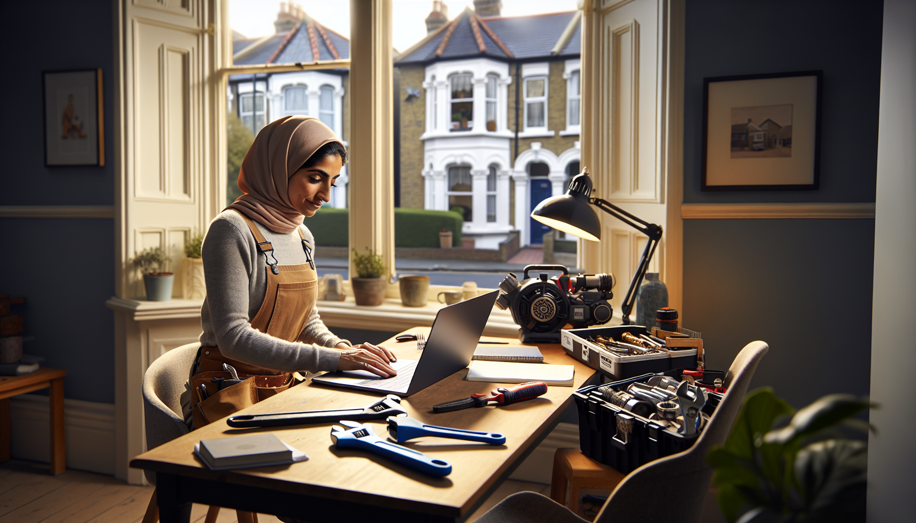 A UK plumber setting up their Google Business Profile in a home office with tools and a British terraced house visible outside.