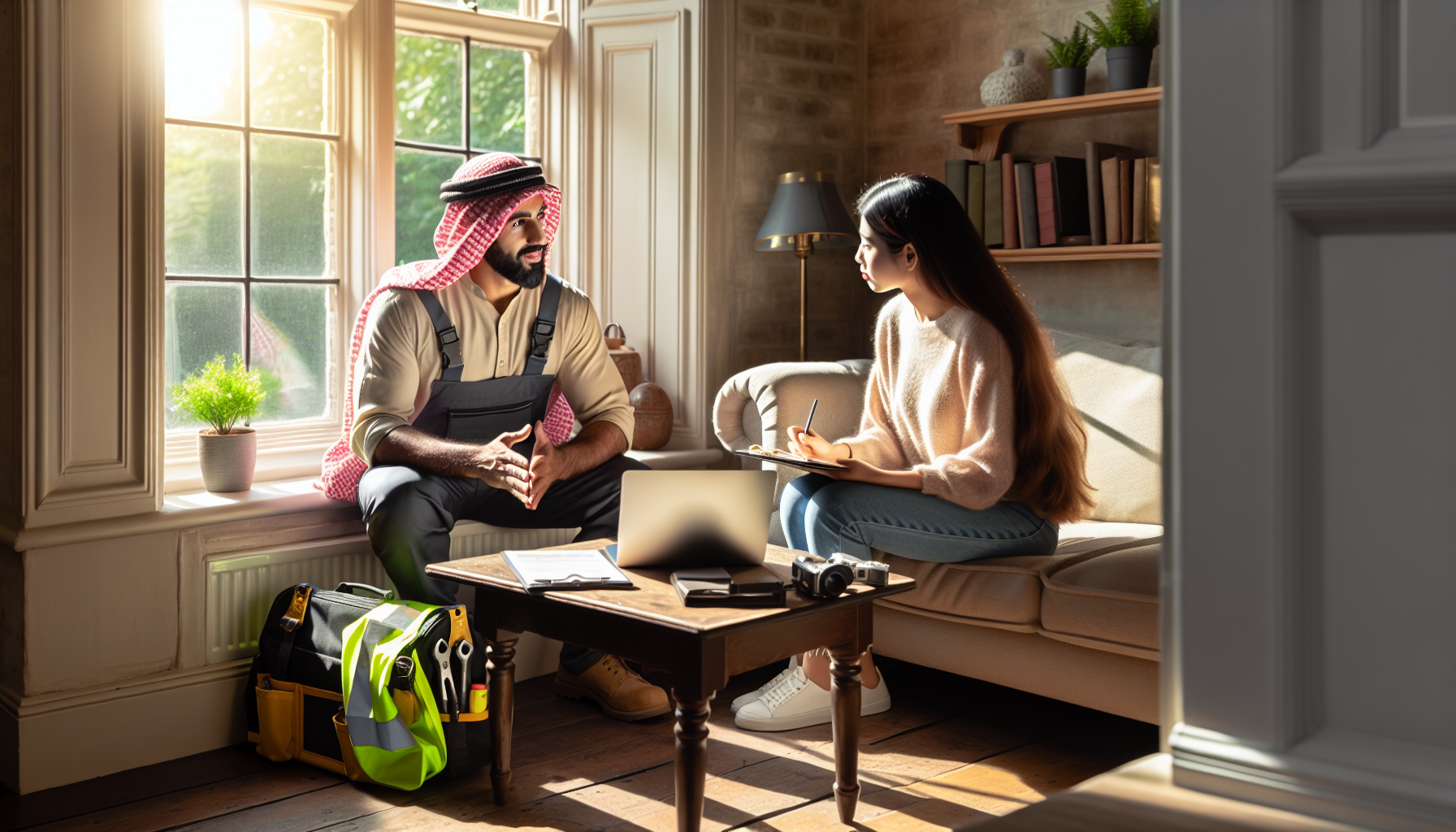 A UK contractor discussing payment terms with a client in a British living room, with tools visible.