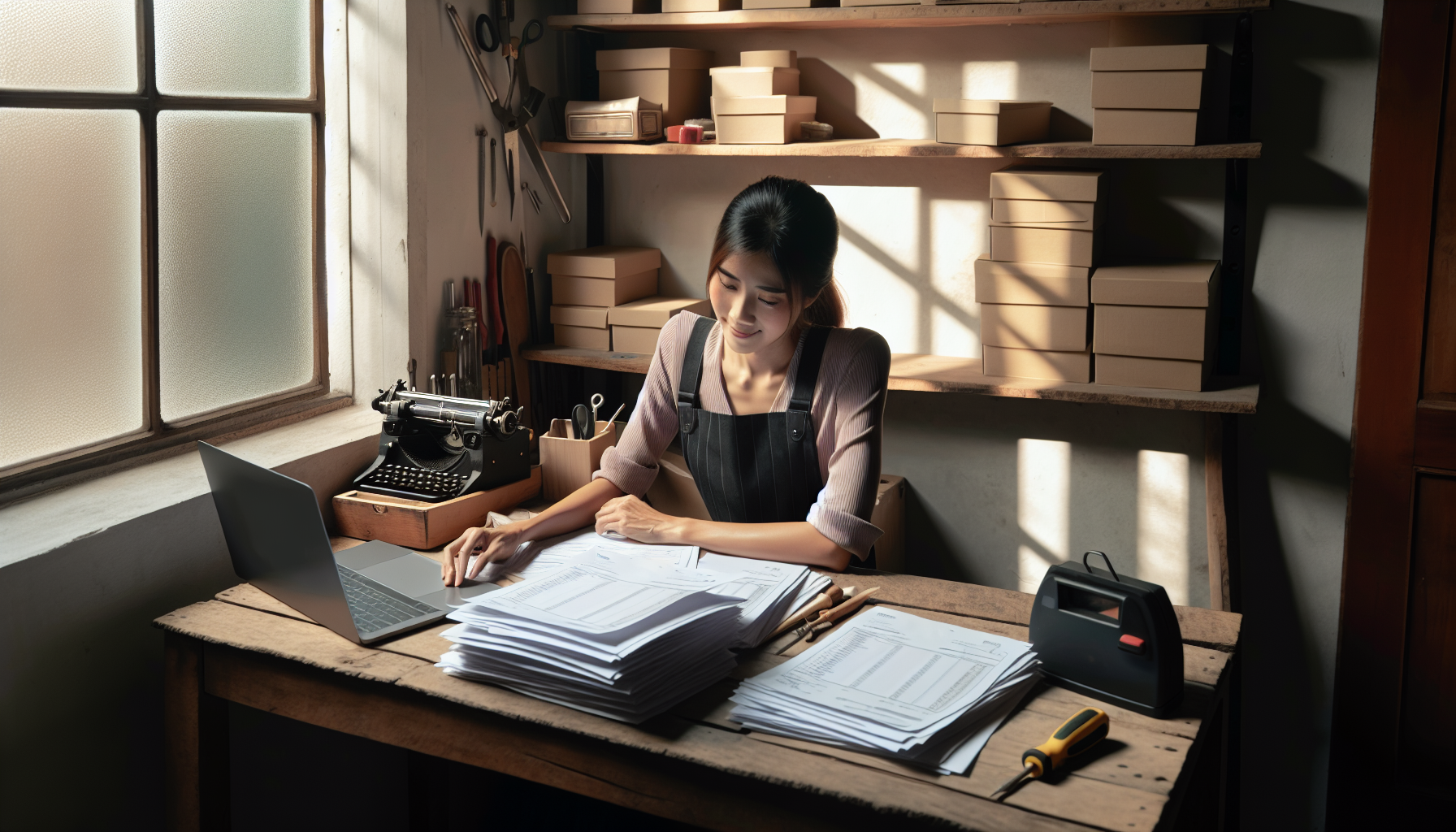 A UK tradesperson organizing invoices at a desk, with tools and paperwork visible.